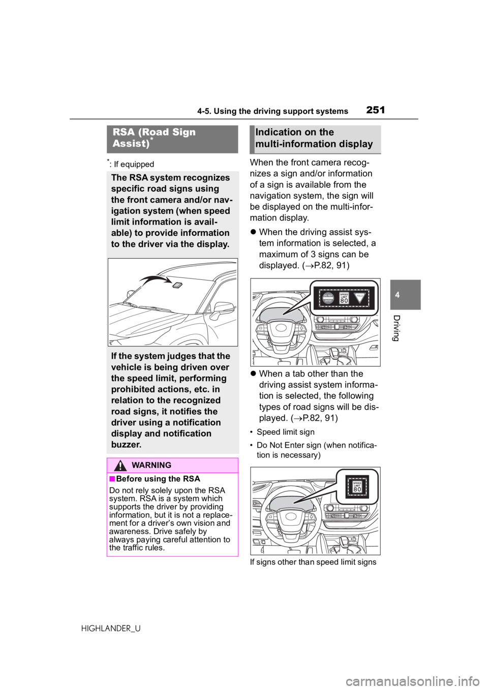 TOYOTA HIGHLANDER 2020 Owners Manual (in English) 2514-5. Using the driving support systems
HIGHLANDER_U
4
Driving
*: If equippedWhen the front camera recog-
nizes a sign and/or information
of a sign is available from the
navigation system, the sig TOYOTA HIGHLANDER 2020 Owners Manual (in English) 2514-5. Using the driving support systems
HIGHLANDER_U
4
Driving
*: If equippedWhen the front camera recog-
nizes a sign and/or information
of a sign is available from the
navigation system, the sig