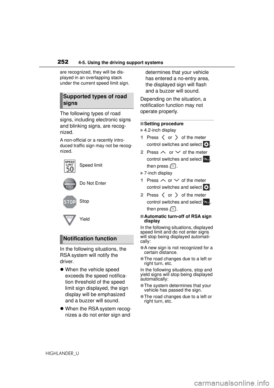 TOYOTA HIGHLANDER 2020 Owners Manual (in English) 2524-5. Using the driving support systems
HIGHLANDER_Uare recognized, they will be dis-
played in an overlapping stack
under the current speed limit sign.
The following types of road
signs, includin TOYOTA HIGHLANDER 2020 Owners Manual (in English) 2524-5. Using the driving support systems
HIGHLANDER_Uare recognized, they will be dis-
played in an overlapping stack
under the current speed limit sign.
The following types of road
signs, includin