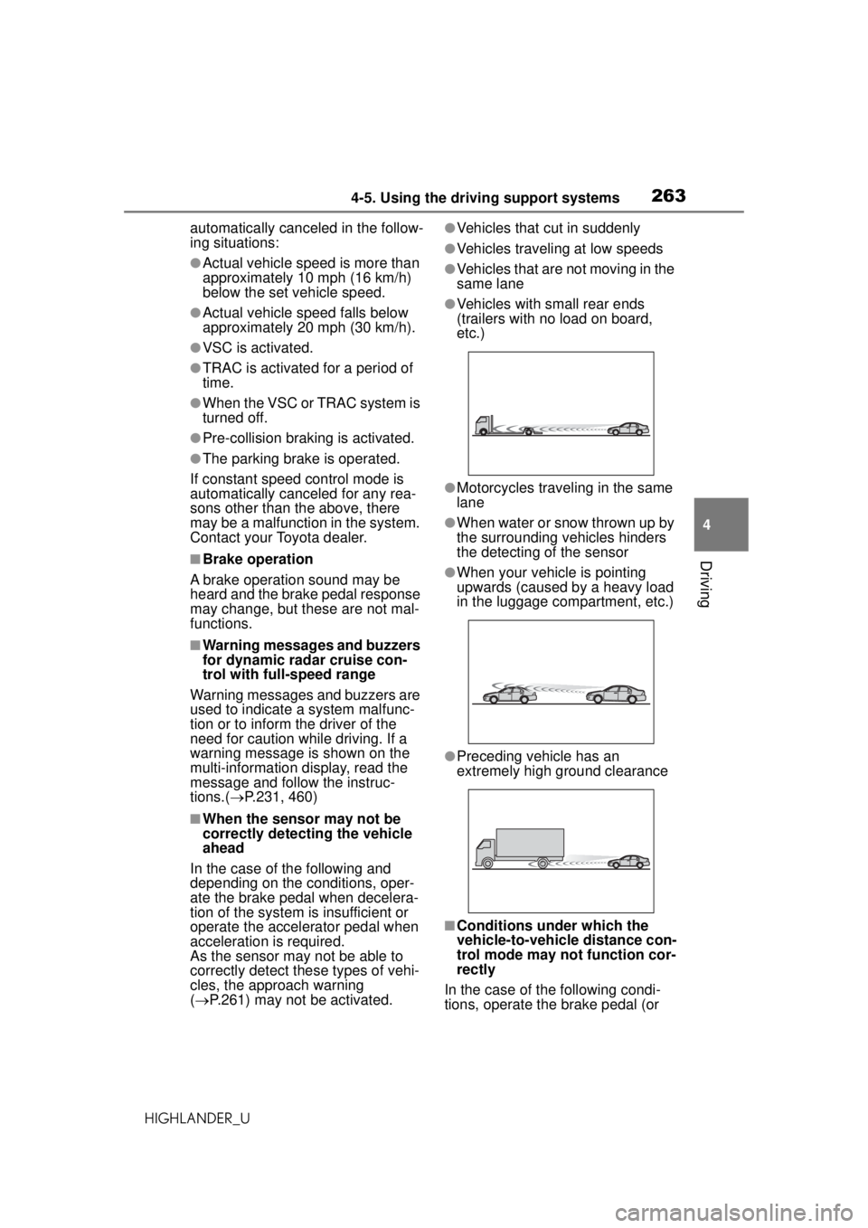 TOYOTA HIGHLANDER 2020 Owners Manual (in English) 2634-5. Using the driving support systems
HIGHLANDER_U
4
Driving
automatically canceled in the follow-
ing situations:
●Actual vehicle speed is more than
approximately 10 mph (16 km/h)
below the s TOYOTA HIGHLANDER 2020 Owners Manual (in English) 2634-5. Using the driving support systems
HIGHLANDER_U
4
Driving
automatically canceled in the follow-
ing situations:
●Actual vehicle speed is more than
approximately 10 mph (16 km/h)
below the s