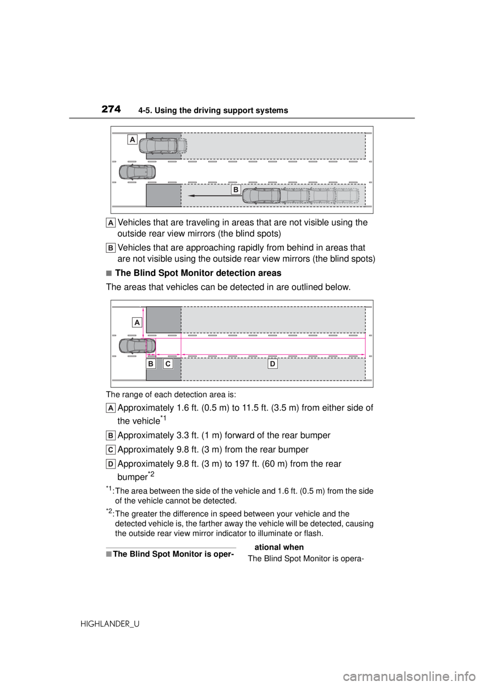 TOYOTA HIGHLANDER 2020 Owners Manual (in English) 2744-5. Using the driving support systems
HIGHLANDER_U
Vehicles that are traveling in areas that are not visible using the
outside rear view mirrors (the blind spots)
Vehicles that are approaching ra TOYOTA HIGHLANDER 2020 Owners Manual (in English) 2744-5. Using the driving support systems
HIGHLANDER_U
Vehicles that are traveling in areas that are not visible using the
outside rear view mirrors (the blind spots)
Vehicles that are approaching ra