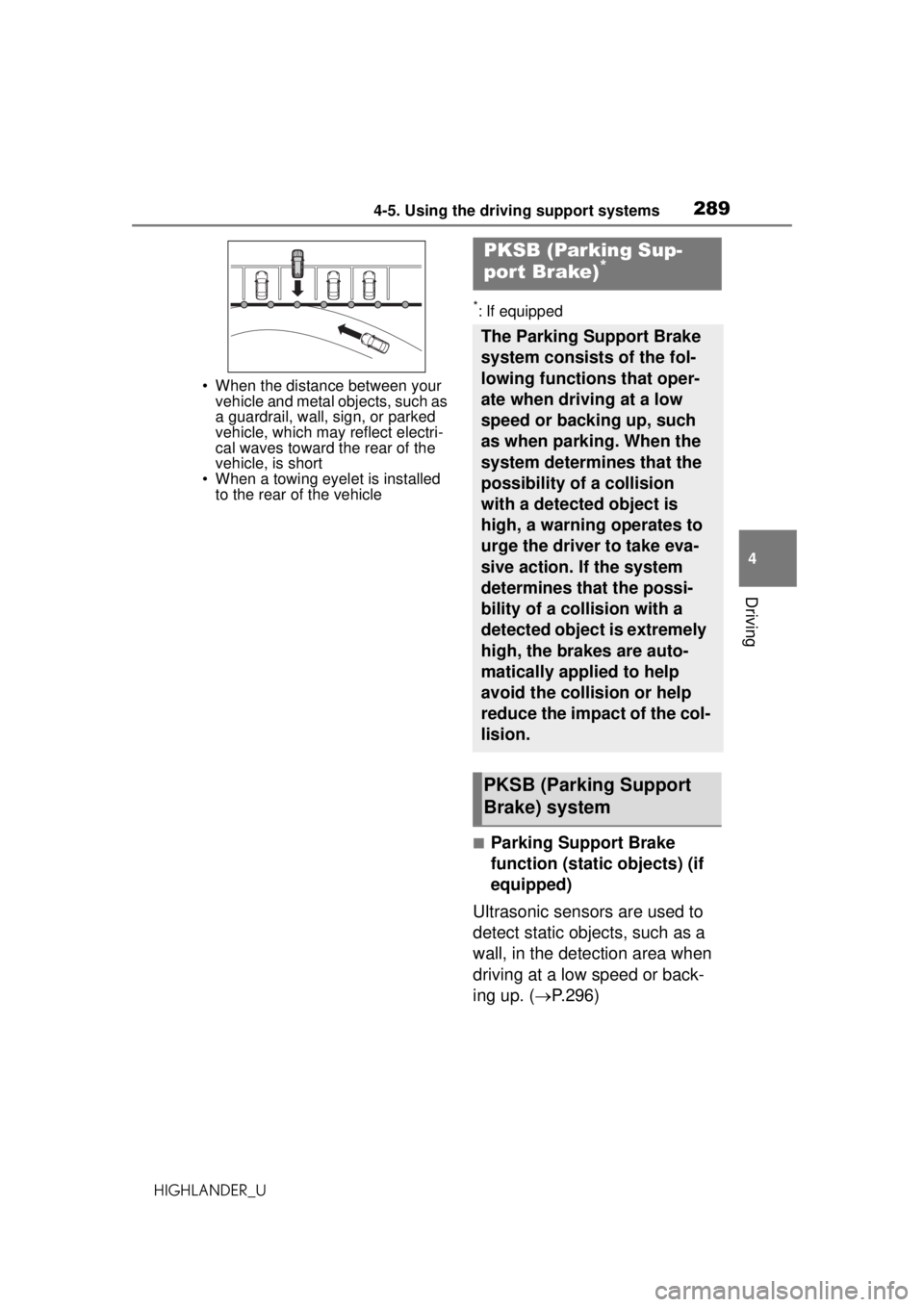 TOYOTA HIGHLANDER 2020 Owners Manual (in English) 2894-5. Using the driving support systems
HIGHLANDER_U
4
Driving
• When the distance between your vehicle and metal objects, such as
a guardrail, wall, sign, or parked
vehicle, which may reflect TOYOTA HIGHLANDER 2020 Owners Manual (in English) 2894-5. Using the driving support systems
HIGHLANDER_U
4
Driving
• When the distance between your vehicle and metal objects, such as
a guardrail, wall, sign, or parked
vehicle, which may reflect