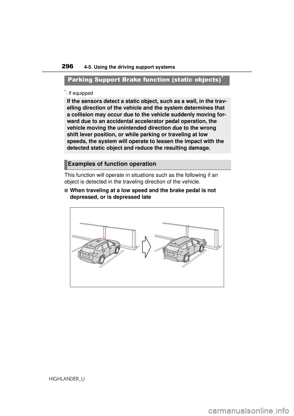 TOYOTA HIGHLANDER 2020 Owners Manual (in English) 2964-5. Using the driving support systems
HIGHLANDER_U
*: If equipped
This function will operate in situations such as the following if an
object is detected in the traveling direction of the vehicle TOYOTA HIGHLANDER 2020 Owners Manual (in English) 2964-5. Using the driving support systems
HIGHLANDER_U
*: If equipped
This function will operate in situations such as the following if an
object is detected in the traveling direction of the vehicle