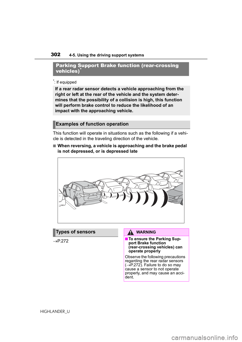 TOYOTA HIGHLANDER 2020 Owners Manual (in English) 3024-5. Using the driving support systems
HIGHLANDER_U
*: If equipped
This function will operate in situations such as the following if a vehi-
cle is detected in the traveling direction of the vehicl TOYOTA HIGHLANDER 2020 Owners Manual (in English) 3024-5. Using the driving support systems
HIGHLANDER_U
*: If equipped
This function will operate in situations such as the following if a vehi-
cle is detected in the traveling direction of the vehicl