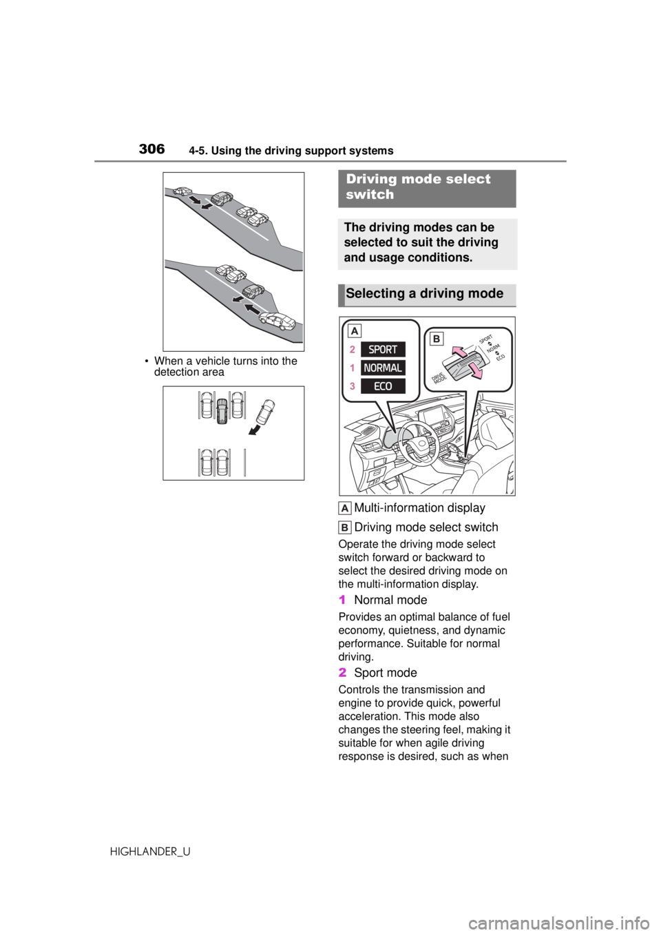 TOYOTA HIGHLANDER 2020 Owners Manual (in English) 3064-5. Using the driving support systems
HIGHLANDER_U• When a vehicle turns into the
detection area
Multi-information display
Driving mode select switch
Operate the driving mode select
switch for TOYOTA HIGHLANDER 2020 Owners Manual (in English) 3064-5. Using the driving support systems
HIGHLANDER_U• When a vehicle turns into the
detection area
Multi-information display
Driving mode select switch
Operate the driving mode select
switch for
