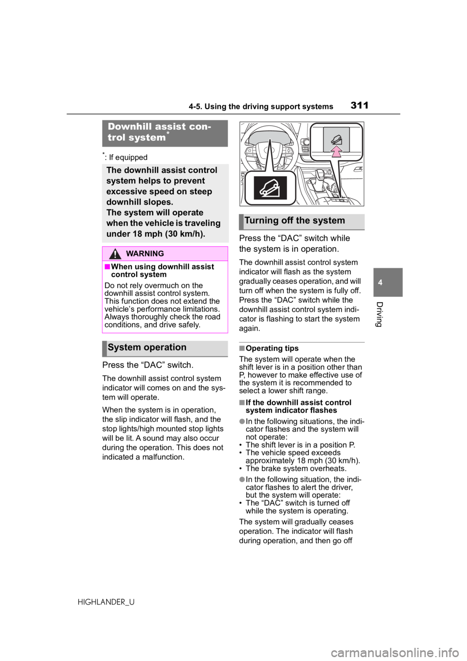 TOYOTA HIGHLANDER 2020 Owners Manual (in English) 3114-5. Using the driving support systems
HIGHLANDER_U
4
Driving
*: If equipped
Press the “DAC” switch.
The downhill assist control system
indicator will comes on and the sys-
tem will operate.
W TOYOTA HIGHLANDER 2020 Owners Manual (in English) 3114-5. Using the driving support systems
HIGHLANDER_U
4
Driving
*: If equipped
Press the “DAC” switch.
The downhill assist control system
indicator will comes on and the sys-
tem will operate.
W