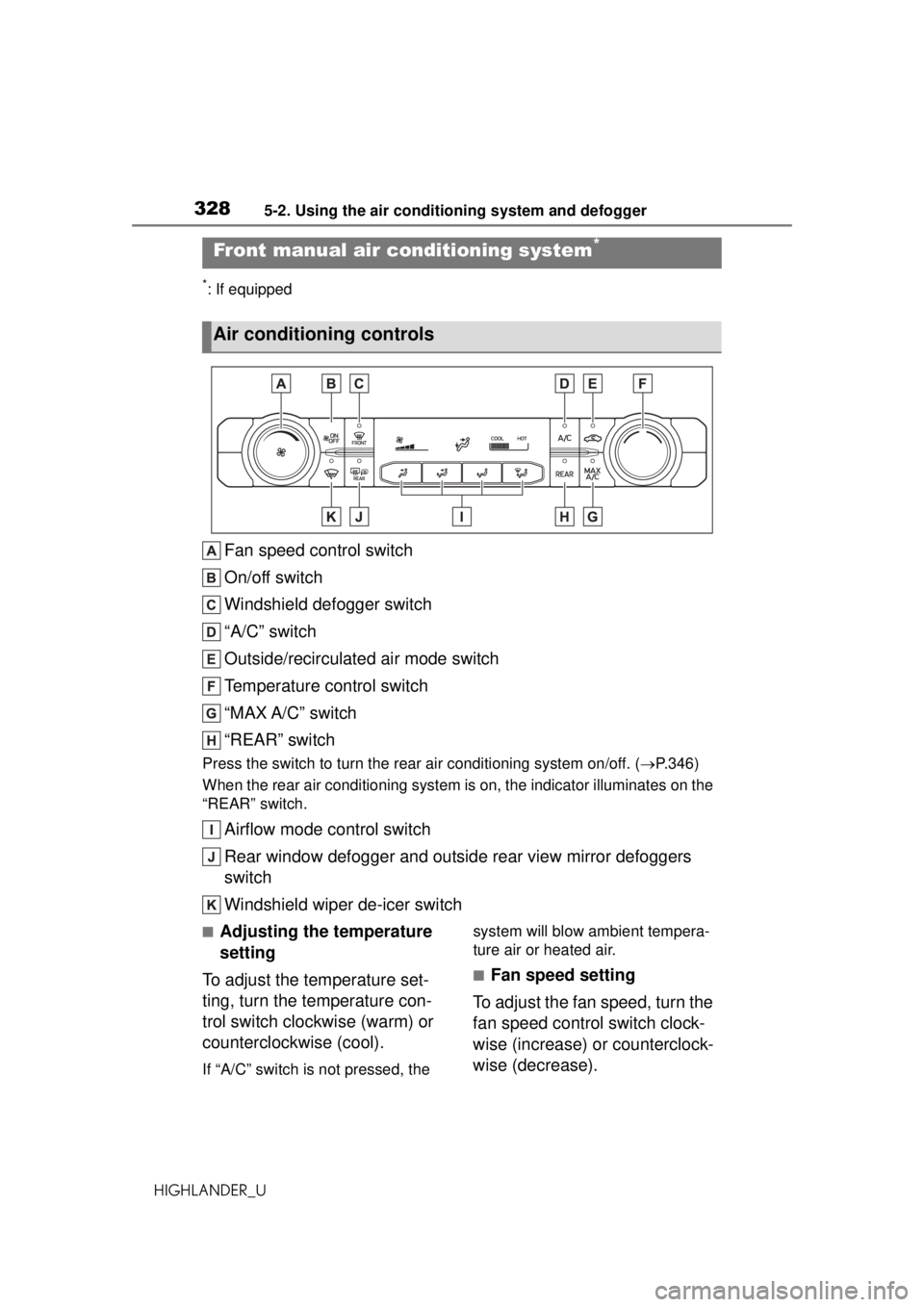 TOYOTA HIGHLANDER 2020 Owners Manual (in English) 3285-2. Using the air conditioning system and defogger
HIGHLANDER_U
5-2.Using the air conditioning system and defogger
*: If equipped
Fan speed control switch
On/off switch
Windshield defogger switch
TOYOTA HIGHLANDER 2020 Owners Manual (in English) 3285-2. Using the air conditioning system and defogger
HIGHLANDER_U
5-2.Using the air conditioning system and defogger
*: If equipped
Fan speed control switch
On/off switch
Windshield defogger switch