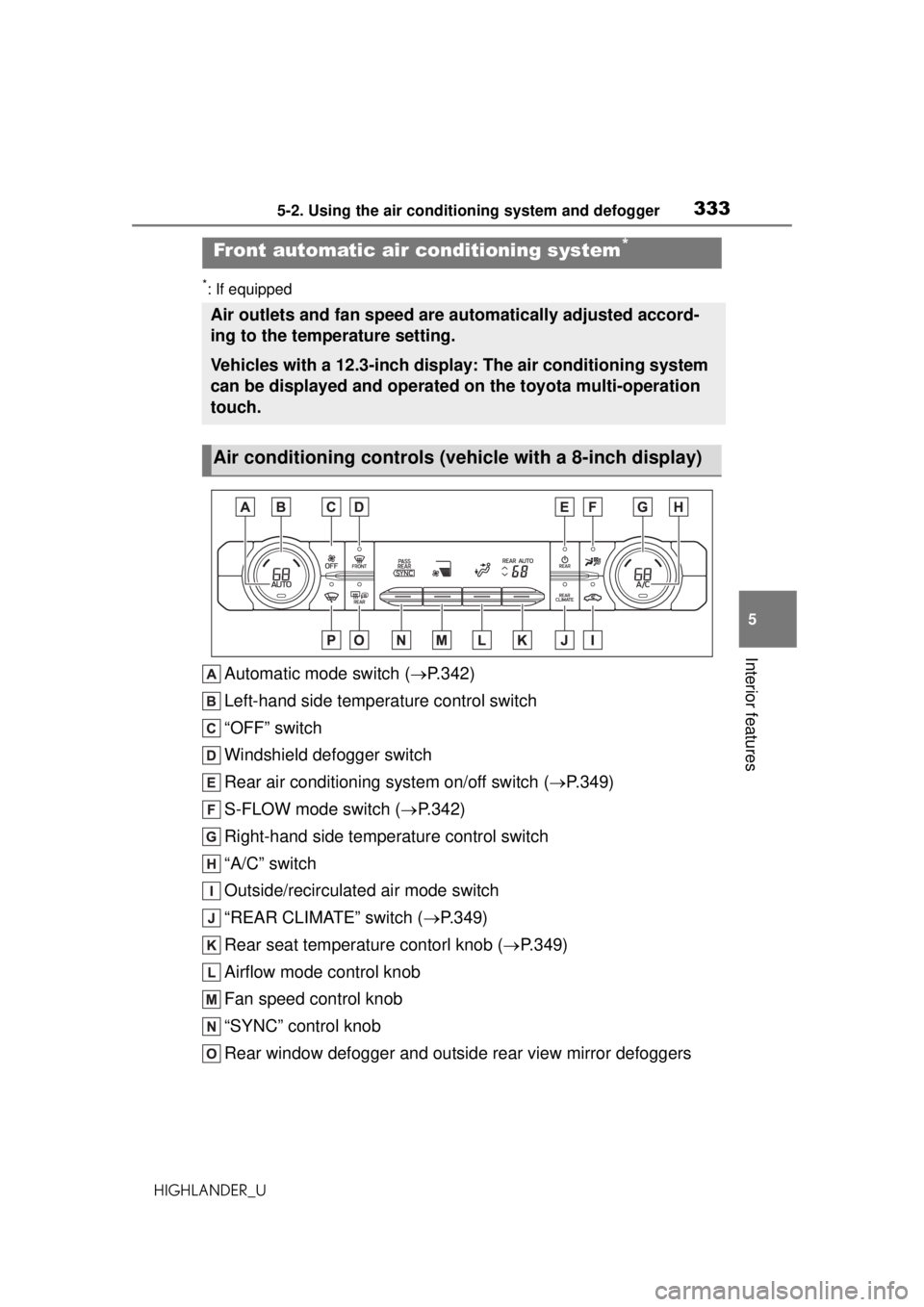 TOYOTA HIGHLANDER 2020 Owners Manual (in English) 3335-2. Using the air conditioning system and defogger
HIGHLANDER_U
5
Interior features
*: If equipped
Automatic mode switch ( P.342)
Left-hand side temperature control switch
“OFF” switch
Wind TOYOTA HIGHLANDER 2020 Owners Manual (in English) 3335-2. Using the air conditioning system and defogger
HIGHLANDER_U
5
Interior features
*: If equipped
Automatic mode switch ( P.342)
Left-hand side temperature control switch
“OFF” switch
Wind