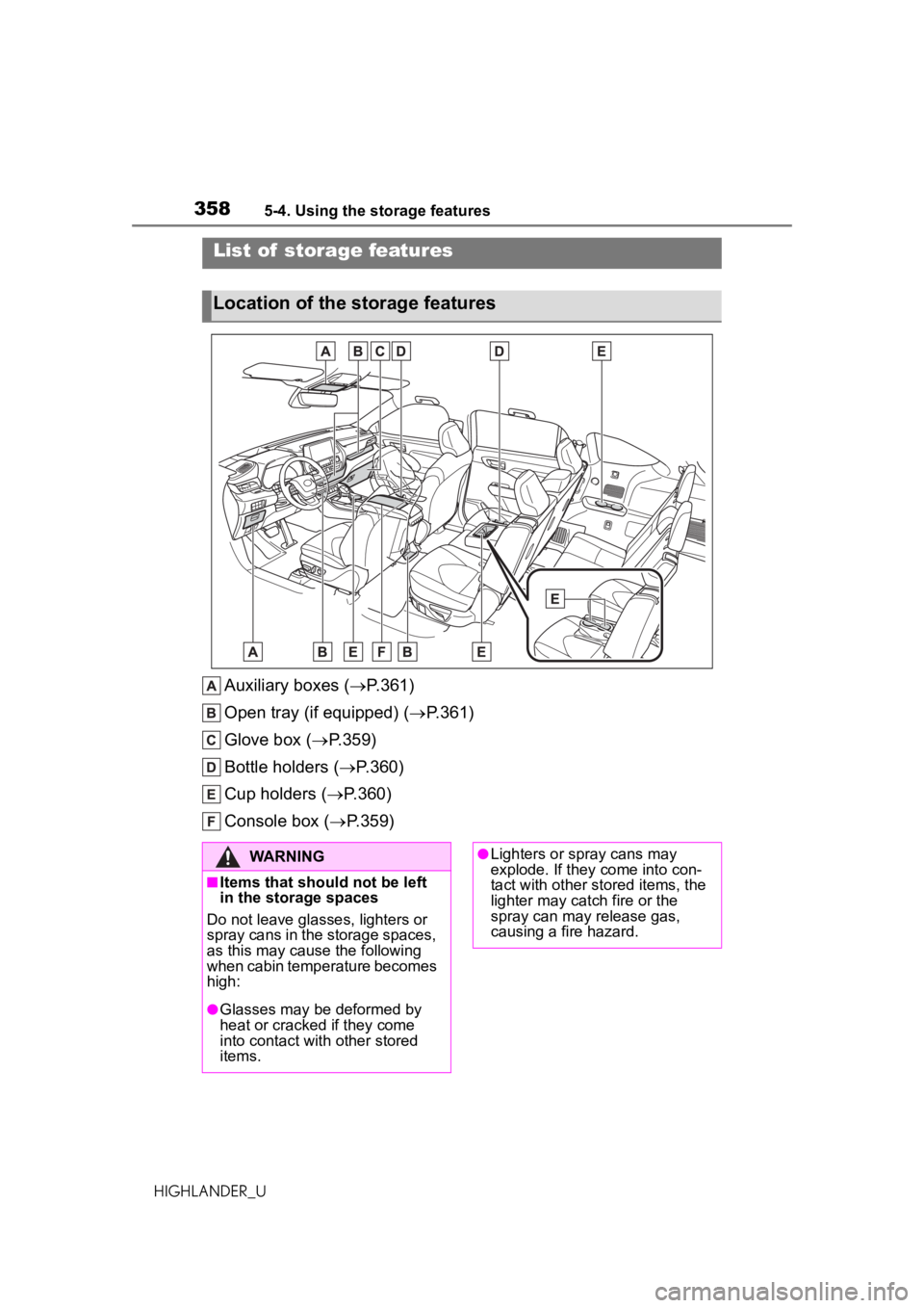 TOYOTA HIGHLANDER 2020  Owners Manual (in English) 3585-4. Using the storage features
HIGHLANDER_U
5-4.Using the storage features
Auxiliary boxes (P.361)
Open tray (if equipped) ( P.361)
Glove box ( P.359)
Bottle holders ( P.360)
Cup holde