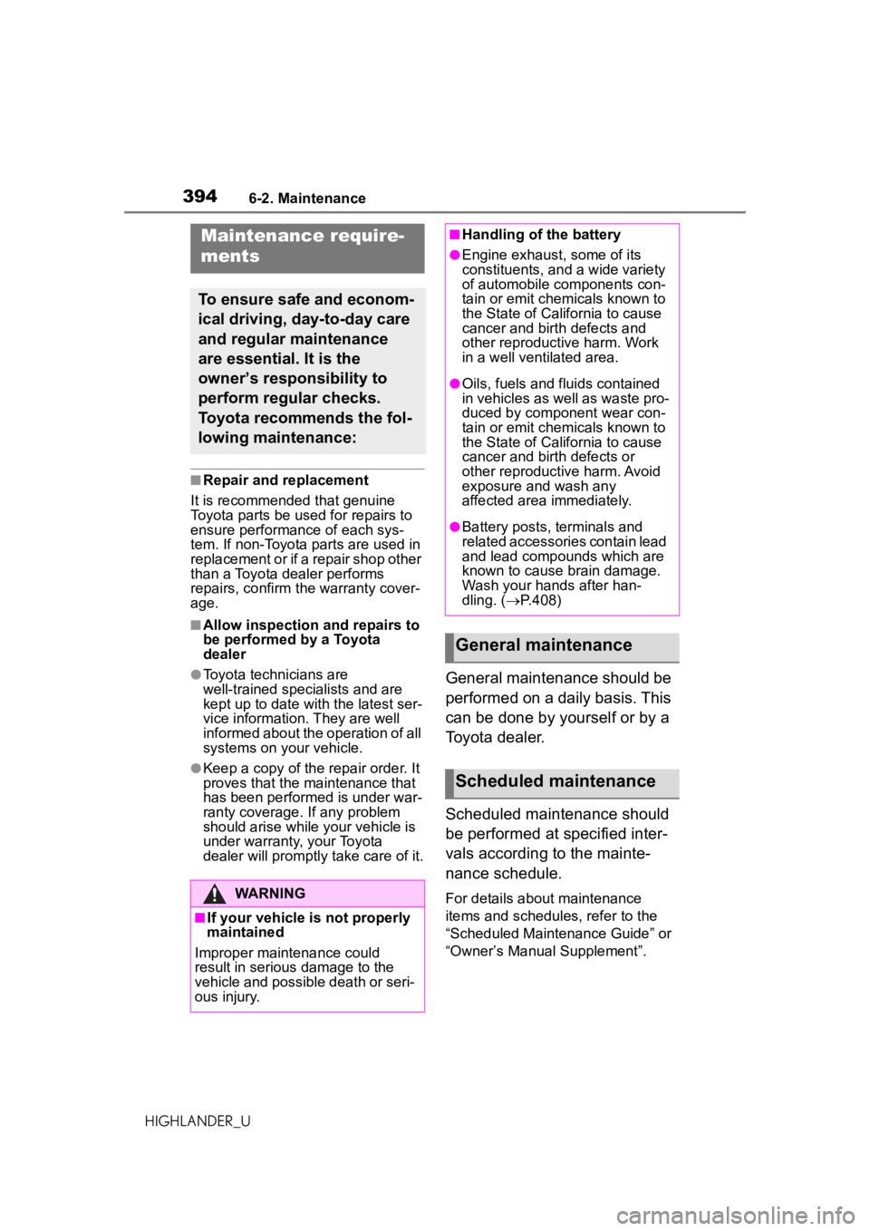 TOYOTA HIGHLANDER 2020  Owners Manual (in English) 3946-2. Maintenance
HIGHLANDER_U
6-2.Maintenance
■Repair and replacement
It is recommended that genuine 
Toyota parts be used for repairs to 
ensure performance of each sys-
tem. If non-Toyota parts