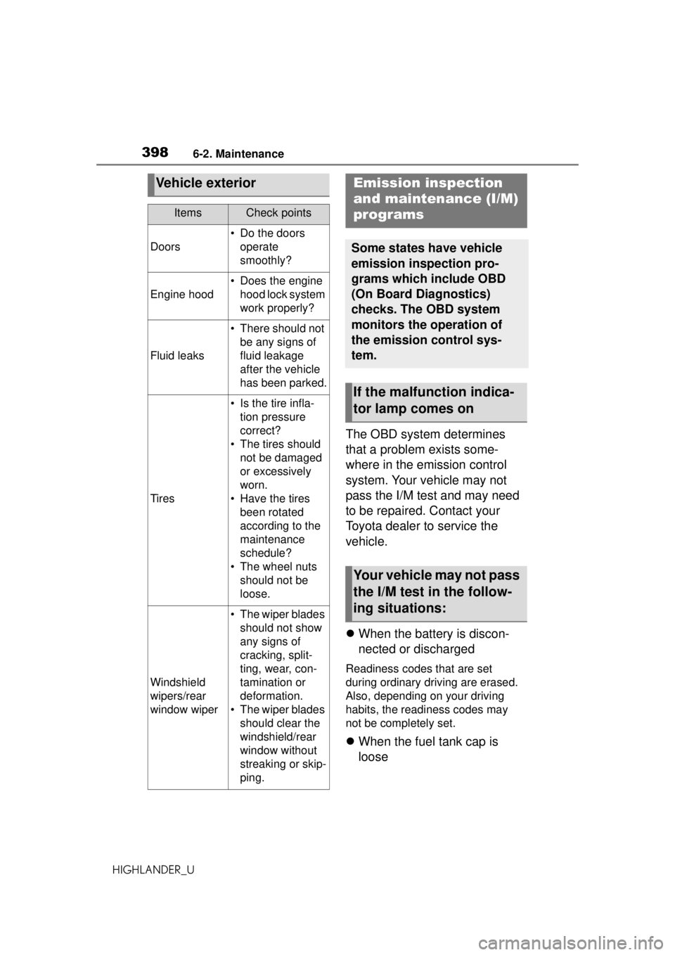 TOYOTA HIGHLANDER 2020  Owners Manual (in English) 3986-2. Maintenance
HIGHLANDER_U
The OBD system determines 
that a problem exists some-
where in the emission control 
system. Your vehicle may not 
pass the I/M test and may need 
to be repaired. Con