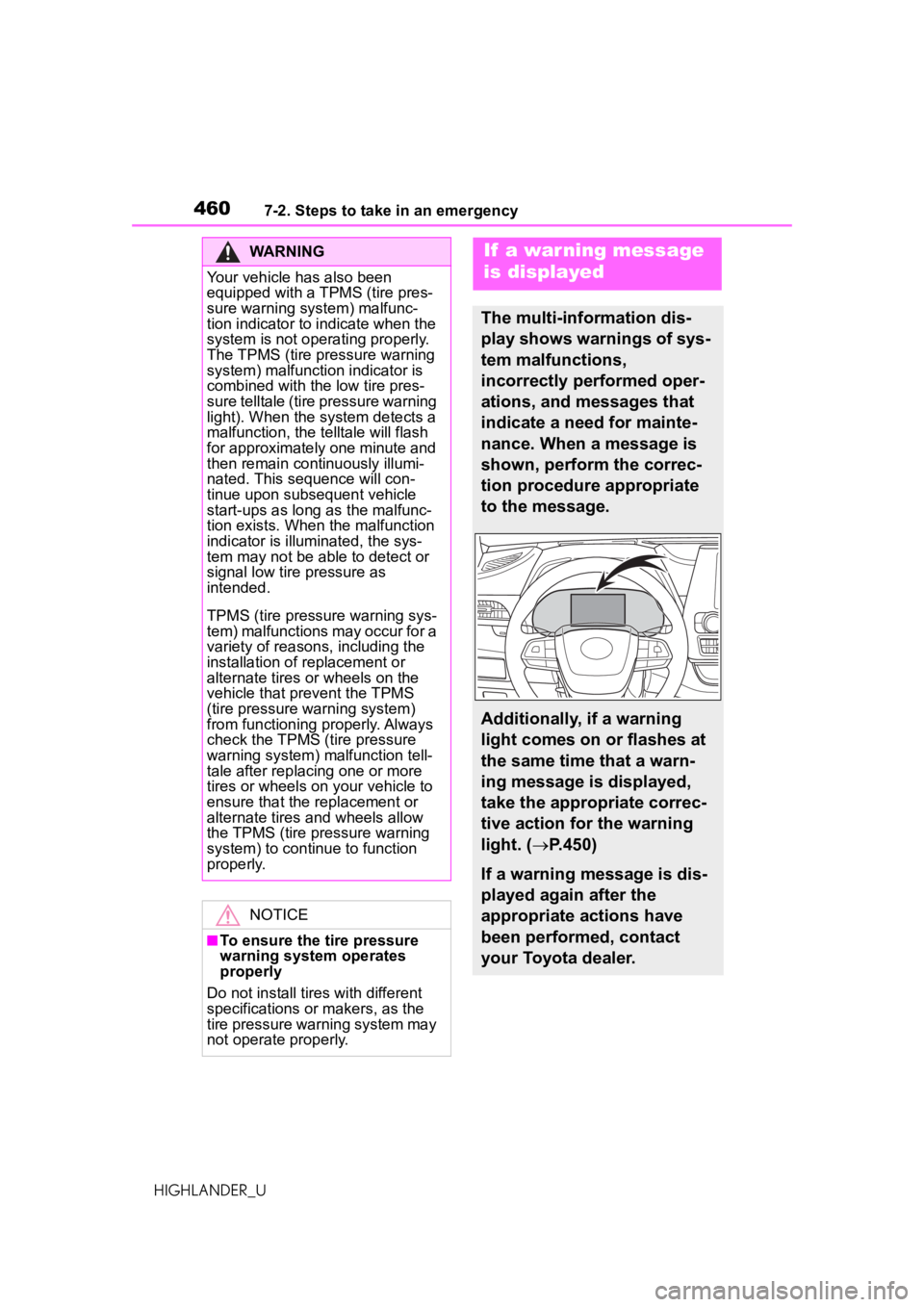 TOYOTA HIGHLANDER 2020  Owners Manual (in English) 4607-2. Steps to take in an emergency
HIGHLANDER_U
WARNING
Your vehicle has also been 
equipped with a TPMS (tire pres-
sure warning system) malfunc-
tion indicator to indicate when the 
system is not