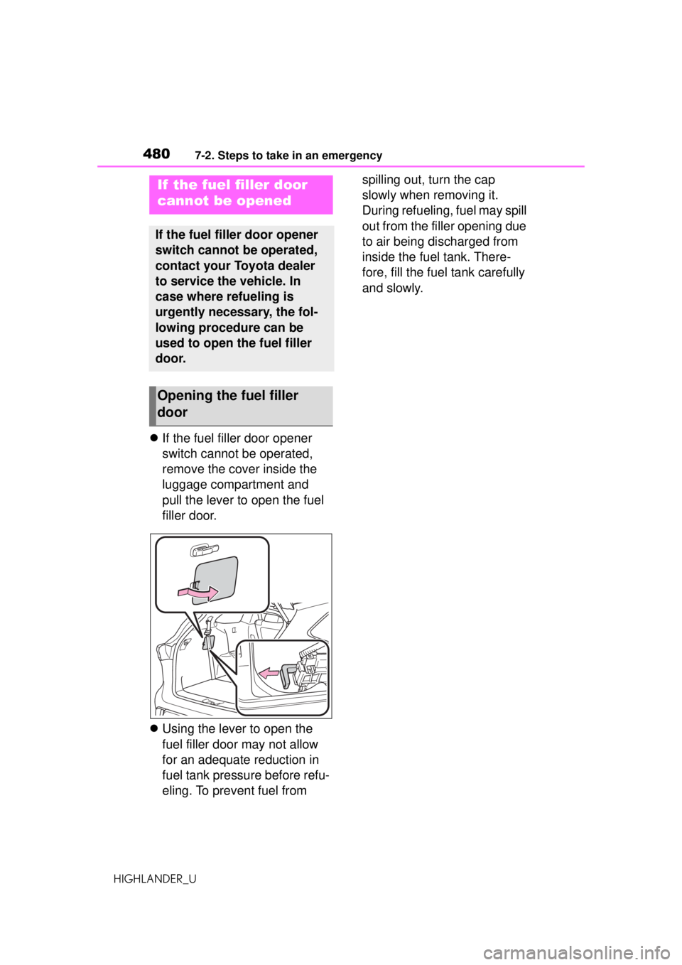TOYOTA HIGHLANDER 2020 Owners Manual (in English) 4807-2. Steps to take in an emergency
HIGHLANDER_U
If the fuel filler door opener
switch cannot be operated,
remove the cover inside the
luggage compartment and
pull the lever to open the fuel TOYOTA HIGHLANDER 2020 Owners Manual (in English) 4807-2. Steps to take in an emergency
HIGHLANDER_U
If the fuel filler door opener
switch cannot be operated,
remove the cover inside the
luggage compartment and
pull the lever to open the fuel