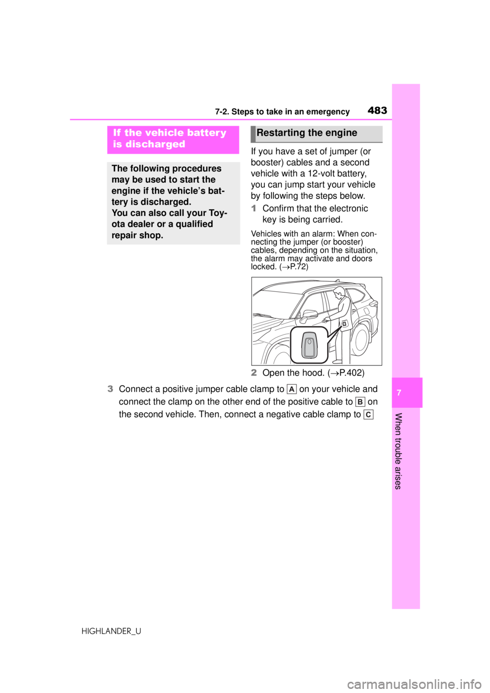 TOYOTA HIGHLANDER 2020 Owners Manual (in English) 4837-2. Steps to take in an emergency
HIGHLANDER_U
7
When trouble arises
If you have a set of jumper (or
booster) cables and a second
vehicle with a 12-volt battery,
you can jump start your vehicle TOYOTA HIGHLANDER 2020 Owners Manual (in English) 4837-2. Steps to take in an emergency
HIGHLANDER_U
7
When trouble arises
If you have a set of jumper (or
booster) cables and a second
vehicle with a 12-volt battery,
you can jump start your vehicle