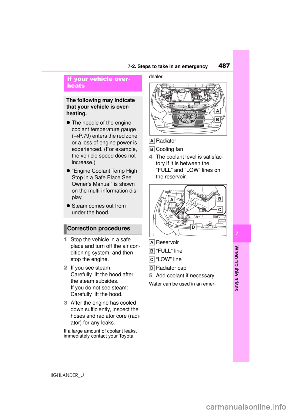 TOYOTA HIGHLANDER 2020 Owners Manual (in English) 4877-2. Steps to take in an emergency
HIGHLANDER_U
7
When trouble arises1 Stop the vehicle in a safe
place and turn off the air con-
ditioning system, and then
stop the engine.
2 If you see steam:
C TOYOTA HIGHLANDER 2020 Owners Manual (in English) 4877-2. Steps to take in an emergency
HIGHLANDER_U
7
When trouble arises1 Stop the vehicle in a safe
place and turn off the air con-
ditioning system, and then
stop the engine.
2 If you see steam:
C