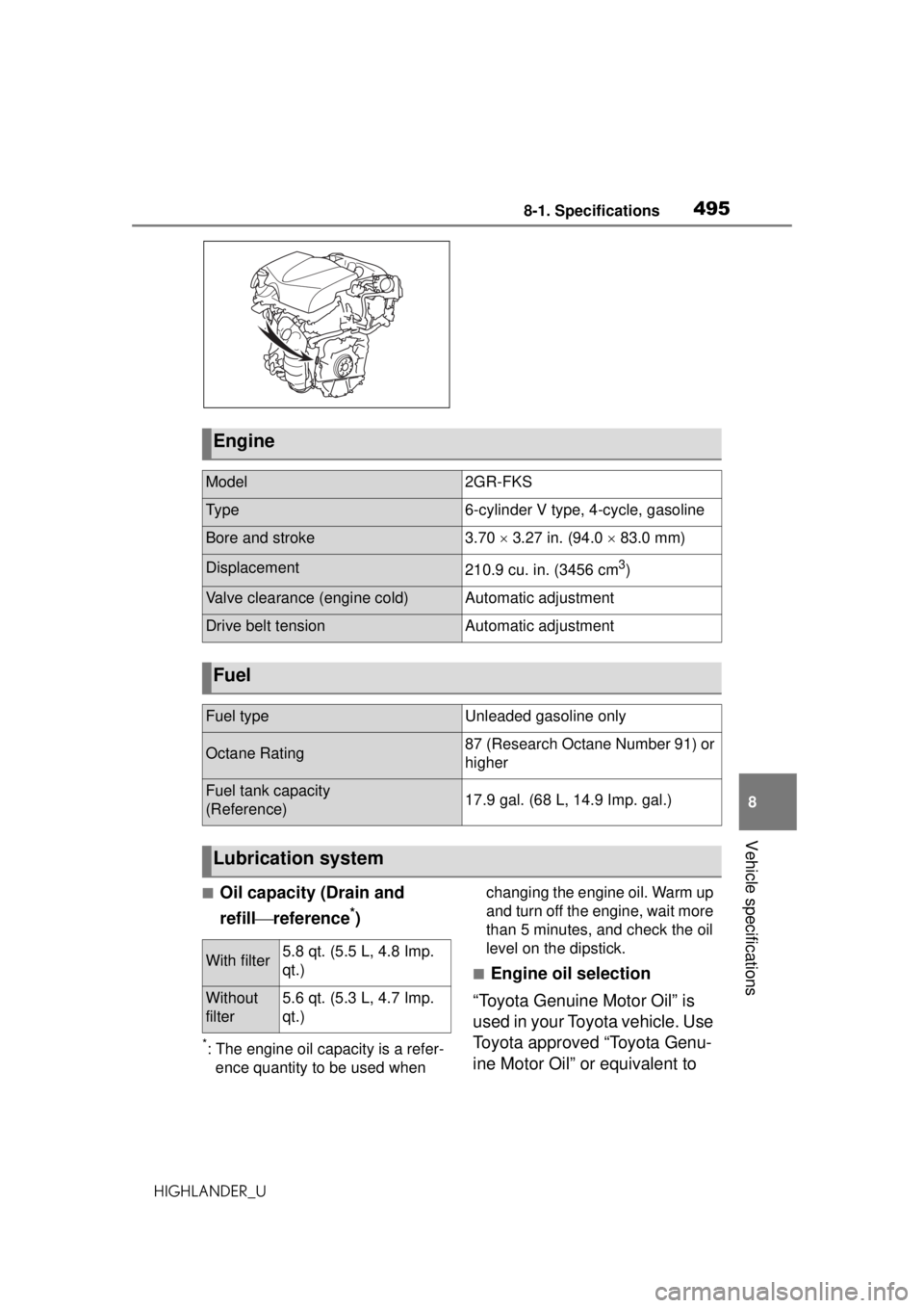 TOYOTA HIGHLANDER 2020 Owners Manual (in English) 4958-1. Specifications
HIGHLANDER_U
8
Vehicle specifications
■Oil capacity (Drain and
refill reference
*)
*: The engine oil capacity is a refer-
ence quantity to be used when changing the engin TOYOTA HIGHLANDER 2020 Owners Manual (in English) 4958-1. Specifications
HIGHLANDER_U
8
Vehicle specifications
■Oil capacity (Drain and
refill reference
*)
*: The engine oil capacity is a refer-
ence quantity to be used when changing the engin