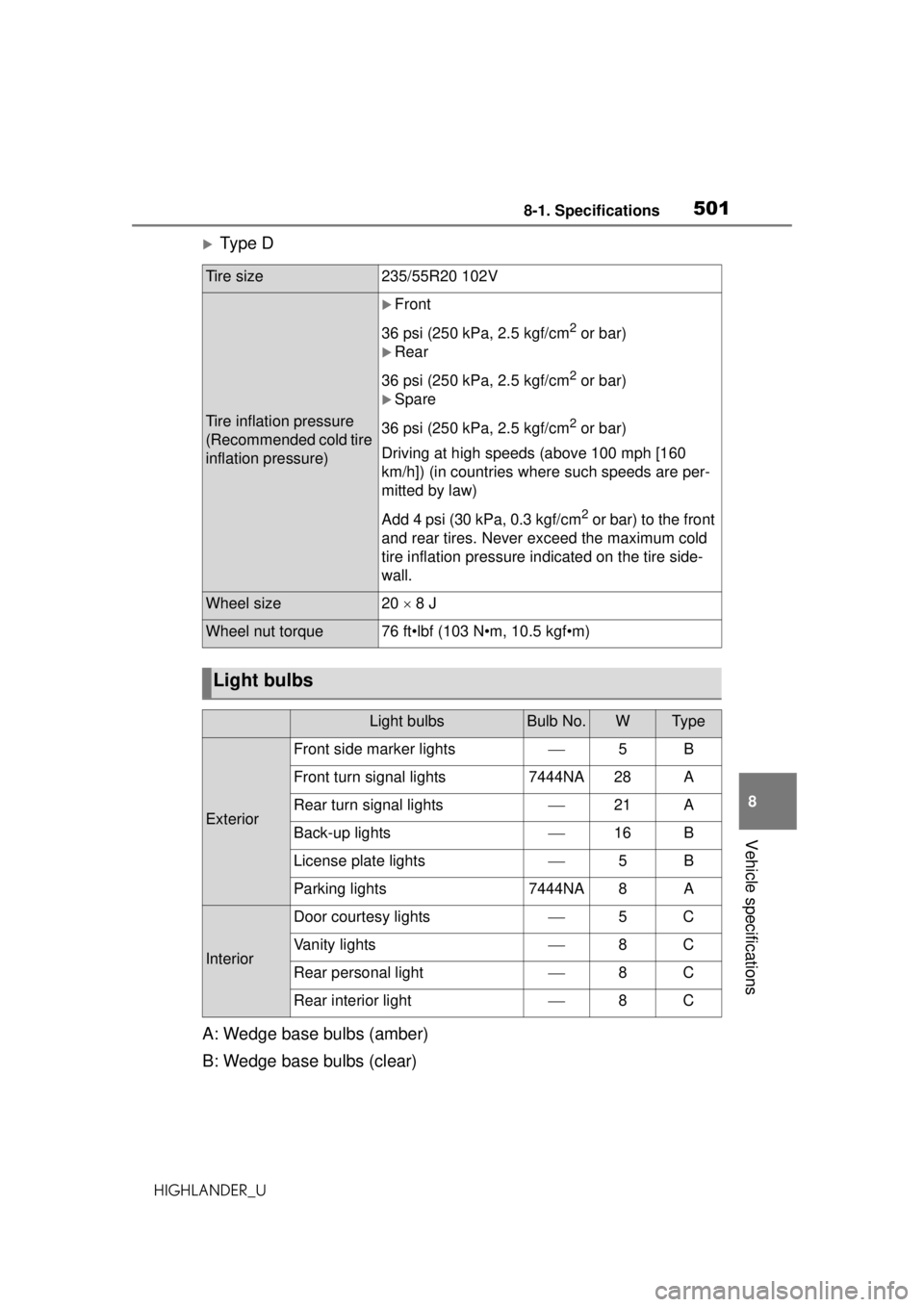 TOYOTA HIGHLANDER 2020 Owners Manual (in English) 5018-1. Specifications
HIGHLANDER_U
8
Vehicle specifications
Ty p e D
A: Wedge base bulbs (amber)
B: Wedge base bulbs (clear)
Tire size235/55R20 102V
Tire inflation pressure
(Recommended cold tire TOYOTA HIGHLANDER 2020 Owners Manual (in English) 5018-1. Specifications
HIGHLANDER_U
8
Vehicle specifications
Ty p e D
A: Wedge base bulbs (amber)
B: Wedge base bulbs (clear)
Tire size235/55R20 102V
Tire inflation pressure
(Recommended cold tire
