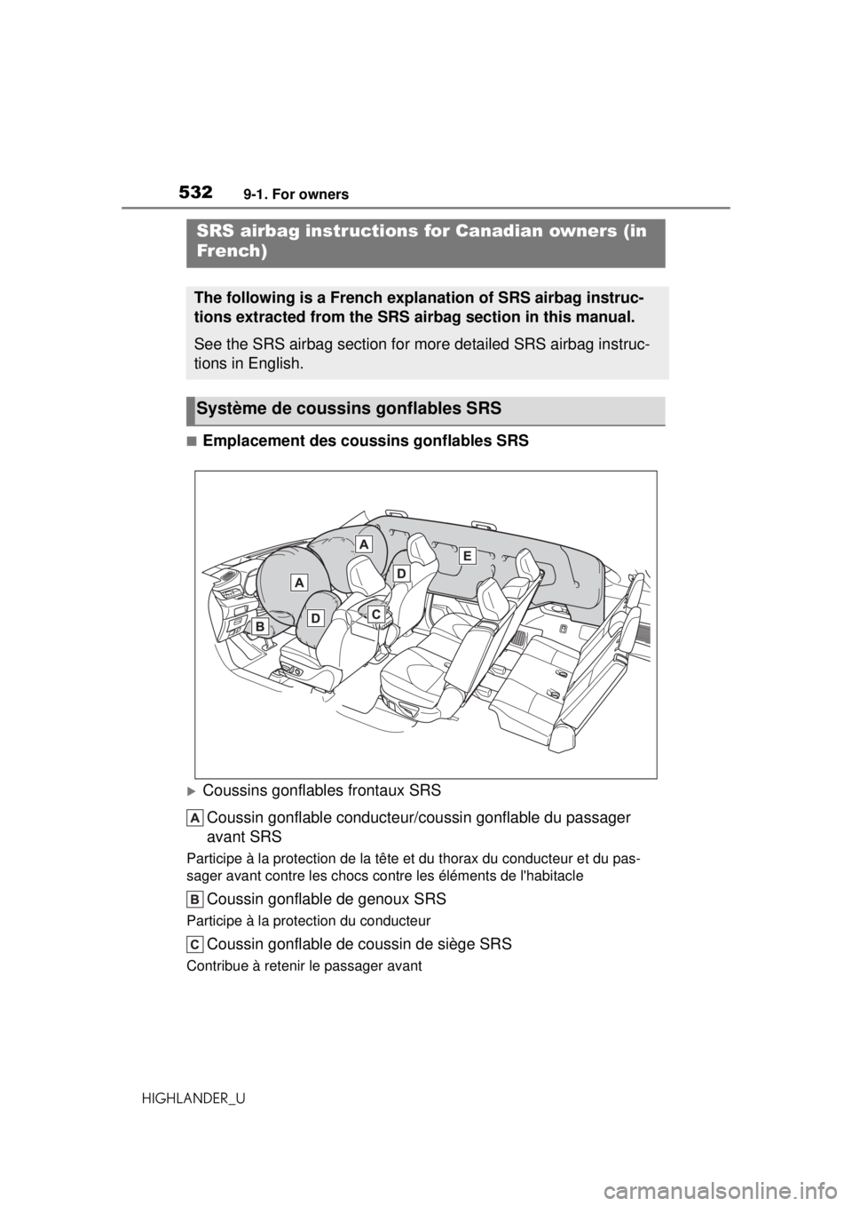 TOYOTA HIGHLANDER 2020 Owners Manual (in English) 5329-1. For owners
HIGHLANDER_U
■Emplacement des coussins gonflables SRS
Coussins gonflables frontaux SRSCoussin gonflable conducteur/c oussin gonflable du passager
avant SRS
Participe à la pro TOYOTA HIGHLANDER 2020 Owners Manual (in English) 5329-1. For owners
HIGHLANDER_U
■Emplacement des coussins gonflables SRS
Coussins gonflables frontaux SRSCoussin gonflable conducteur/c oussin gonflable du passager
avant SRS
Participe à la pro