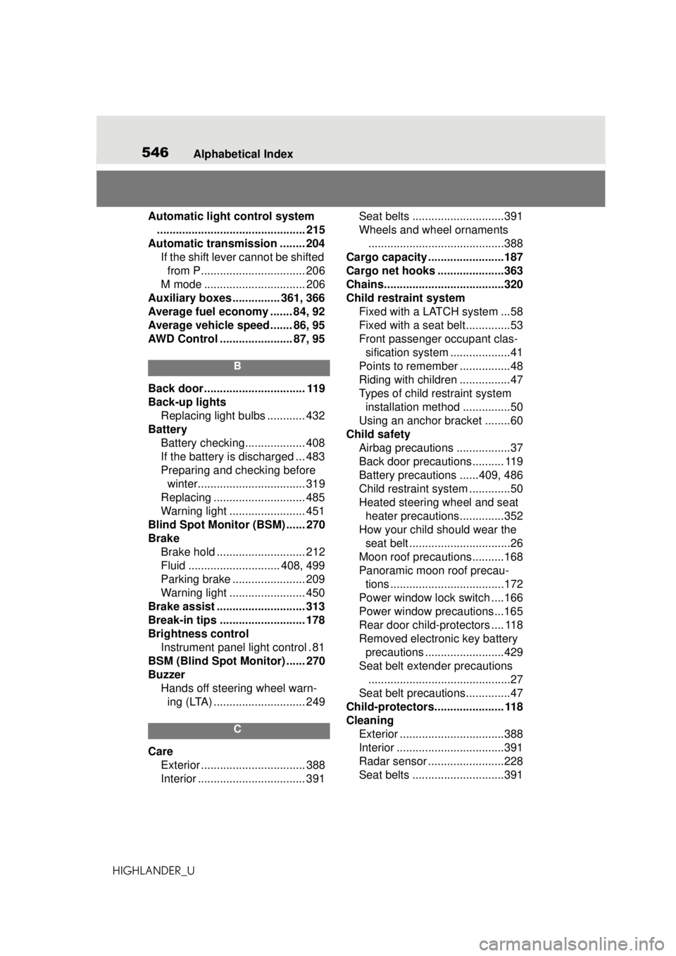 TOYOTA HIGHLANDER 2020  Owners Manual (in English) 546Alphabetical Index
HIGHLANDER_U
Automatic light control system ............................................... 215
Automatic transmission ........ 204 If the shift lever cannot be shifted from P...