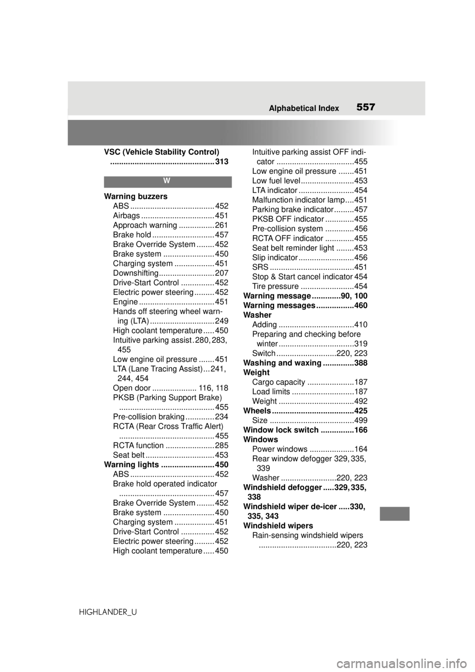 TOYOTA HIGHLANDER 2020  Owners Manual (in English) 557Alphabetical Index
HIGHLANDER_U
VSC (Vehicle St ability Control)
............................................... 313
W
Warning buzzers ABS ...................................... 452
Airbags .......