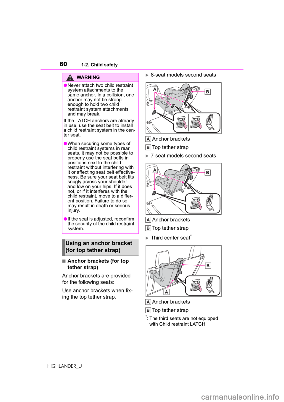 TOYOTA HIGHLANDER 2020  Owners Manual (in English) 601-2. Child safety
HIGHLANDER_U
■Anchor brackets (for top 
tether strap)
Anchor brackets are provided 
for the following seats:
Use anchor brackets when fix-
ing the top tether strap.
8-seat mod