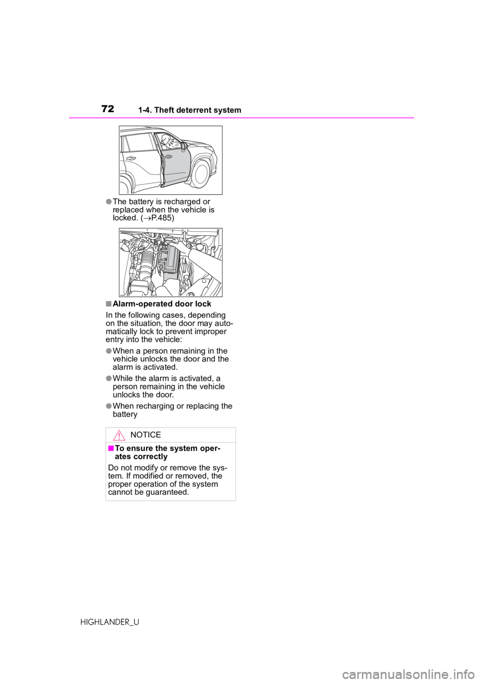 TOYOTA HIGHLANDER 2020 (in English) Manual PDF 721-4. Theft deterrent system
HIGHLANDER_U
●The battery is recharged or
replaced when the vehicle
islocked.
( P.485)
■Alarm-operated door lock
In the following cases, depending
on the situat TOYOTA HIGHLANDER 2020 (in English) Manual PDF 721-4. Theft deterrent system
HIGHLANDER_U
●The battery is recharged or
replaced when the vehicle
islocked.
( P.485)
■Alarm-operated door lock
In the following cases, depending
on the situat