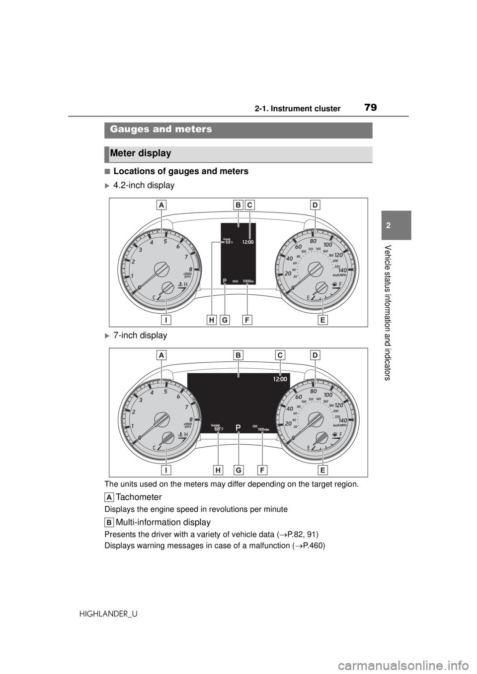 TOYOTA HIGHLANDER 2020 Owners Manual (in English) 792-1. Instrument cluster
HIGHLANDER_U
2
Vehicle status information and indicators
■Locations of gauges and meters
4.2-inch display
7-inch display
The units used on the meters may differ depen TOYOTA HIGHLANDER 2020 Owners Manual (in English) 792-1. Instrument cluster
HIGHLANDER_U
2
Vehicle status information and indicators
■Locations of gauges and meters
4.2-inch display
7-inch display
The units used on the meters may differ depen