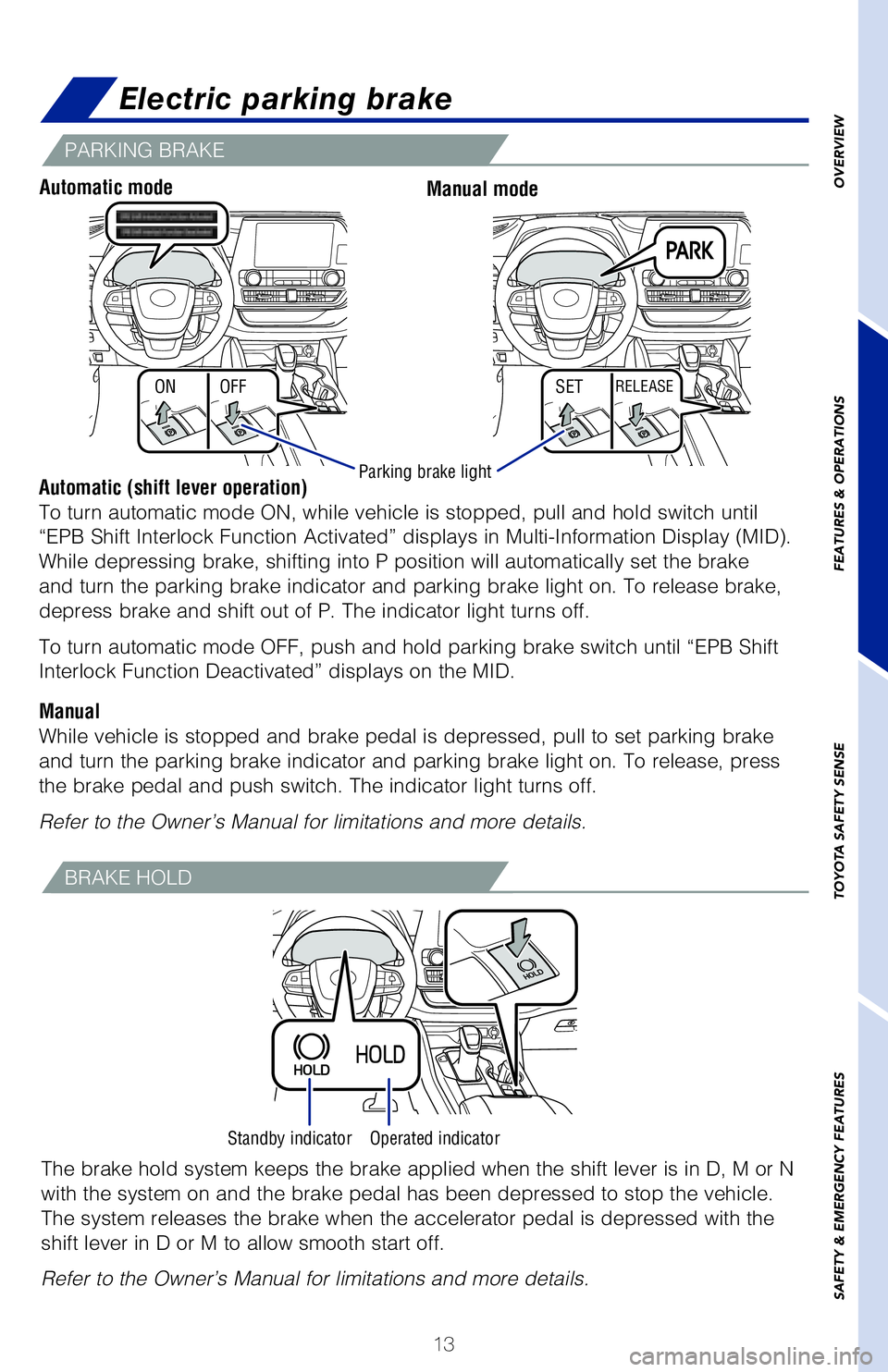 TOYOTA HIGHLANDER 2020   (in English) User Guide 13
OVERVIEW
FEATURES & OPERATIONS
TOYOTA SAFETY SENSE
SAFETY & EMERGENCY FEATURES
ON SET
OFFRELEASE
Electric parking brake
Automatic (shift lever operation)
To turn automatic mode ON, while vehicle is