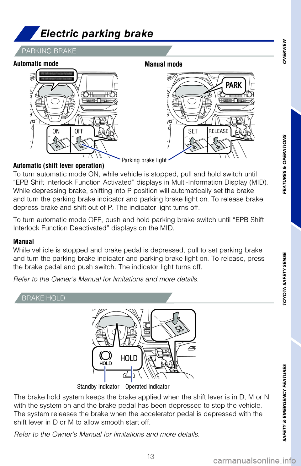 TOYOTA HIGHLANDER 2020   (in English) User Guide 13
OVERVIEW
FEATURES & OPERATIONS
TOYOTA SAFETY SENSE
SAFETY & EMERGENCY FEATURES
ON SET
OFFRELEASE
Electric parking brake
Automatic (shift lever operation)
To turn automatic mode ON, while vehicle is