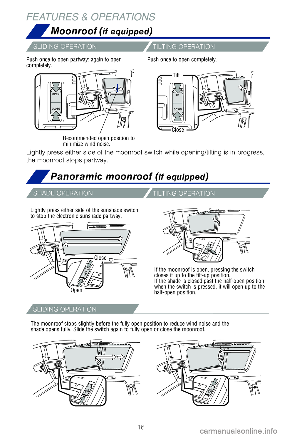 TOYOTA HIGHLANDER 2020   (in English) User Guide 16
SHADE OPERATIONTILTING OPERATION
Moonroof (if equipped)
Panoramic moonroof (if equipped)
FEATURES & OPERATIONS
Tilt
Close
Recommended open position to 
minimize wind noise.
If the moonroof is open,