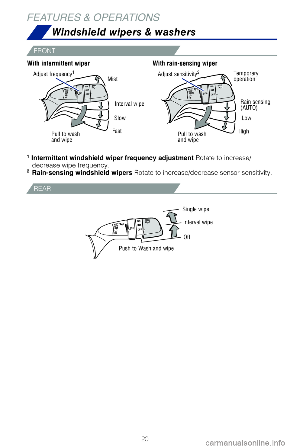 TOYOTA HIGHLANDER 2020 (in English) Owners Manual 20
Single wipeInterval wipe
Off
Push to Wash and wipe
1 Intermittent windshield wiper frequency adjustment Rotate to increase/ decrease wipe frequency.
2 Rain-sensing windshield wipers Rotate to in TOYOTA HIGHLANDER 2020 (in English) Owners Manual 20
Single wipeInterval wipe
Off
Push to Wash and wipe
1 Intermittent windshield wiper frequency adjustment Rotate to increase/ decrease wipe frequency.
2 Rain-sensing windshield wipers Rotate to in