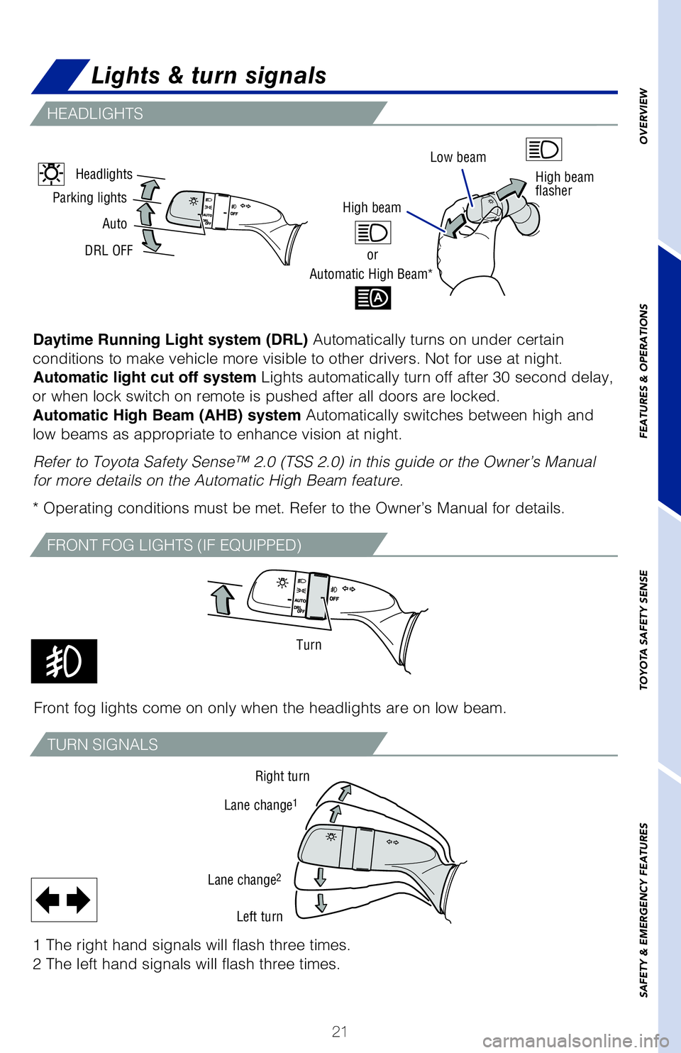 TOYOTA HIGHLANDER 2020 Owners Manual (in English) 21
OVERVIEW
FEATURES & OPERATIONS
TOYOTA SAFETY SENSE
SAFETY & EMERGENCY FEATURES
Front fog lights come on only when the headlights are on low beam.
1 The right hand signals will flash three times.
2 TOYOTA HIGHLANDER 2020 Owners Manual (in English) 21
OVERVIEW
FEATURES & OPERATIONS
TOYOTA SAFETY SENSE
SAFETY & EMERGENCY FEATURES
Front fog lights come on only when the headlights are on low beam.
1 The right hand signals will flash three times.
2