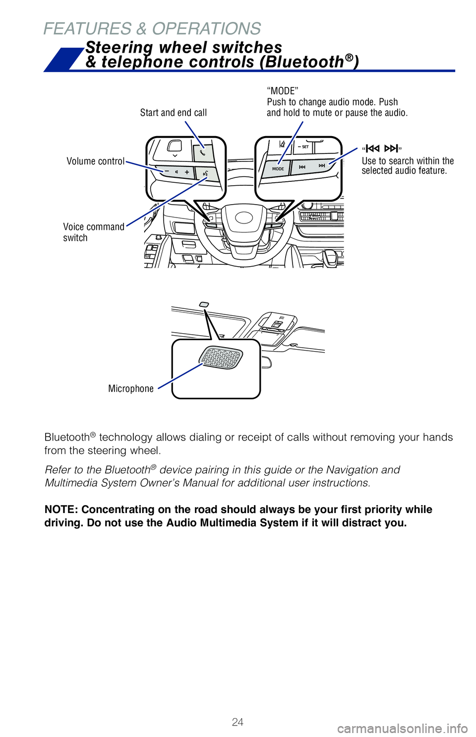 TOYOTA HIGHLANDER 2020 (in English) Owners Manual 24
Bluetooth® technology allows dialing or receipt of calls without removing your hands
from the steering wheel.
Refer to the Bluetooth
® device pairing in this guide or the Navigation and
Multim TOYOTA HIGHLANDER 2020 (in English) Owners Manual 24
Bluetooth® technology allows dialing or receipt of calls without removing your hands
from the steering wheel.
Refer to the Bluetooth
® device pairing in this guide or the Navigation and
Multim