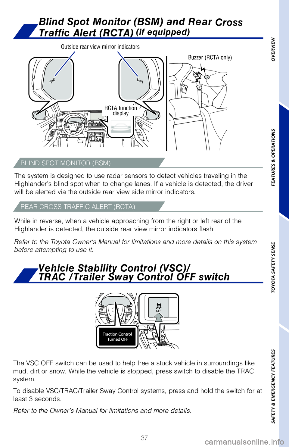 TOYOTA HIGHLANDER 2020 (in English) Owners Guide 37
Blind Spot Monitor (BSM) and Rear Cross
Traffic Alert (RCTA)
(if equipped)
RCTA function
display Buzzer (RCTA only)
Outside rear view mirror indicators
OVERVIEW
FEATURES & OPERATIONS
TOYOTA TOYOTA HIGHLANDER 2020 (in English) Owners Guide 37
Blind Spot Monitor (BSM) and Rear Cross
Traffic Alert (RCTA)
(if equipped)
RCTA function
display Buzzer (RCTA only)
Outside rear view mirror indicators
OVERVIEW
FEATURES & OPERATIONS
TOYOTA