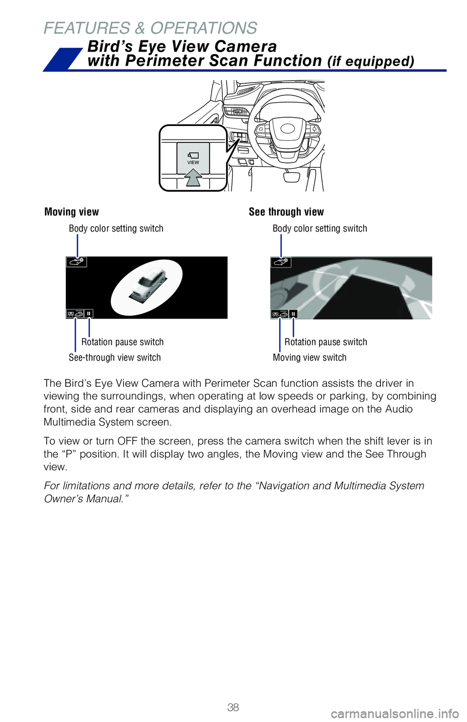 TOYOTA HIGHLANDER 2020 (in English) Owners Guide 38
FEATURES & OPERATIONS
See-through view switch
Body color setting switch
Body color setting switch
Moving view switch
Rotation pause switch
Rotation pause switch
The Bird’s Eye View Camera with Pe TOYOTA HIGHLANDER 2020 (in English) Owners Guide 38
FEATURES & OPERATIONS
See-through view switch
Body color setting switch
Body color setting switch
Moving view switch
Rotation pause switch
Rotation pause switch
The Bird’s Eye View Camera with Pe