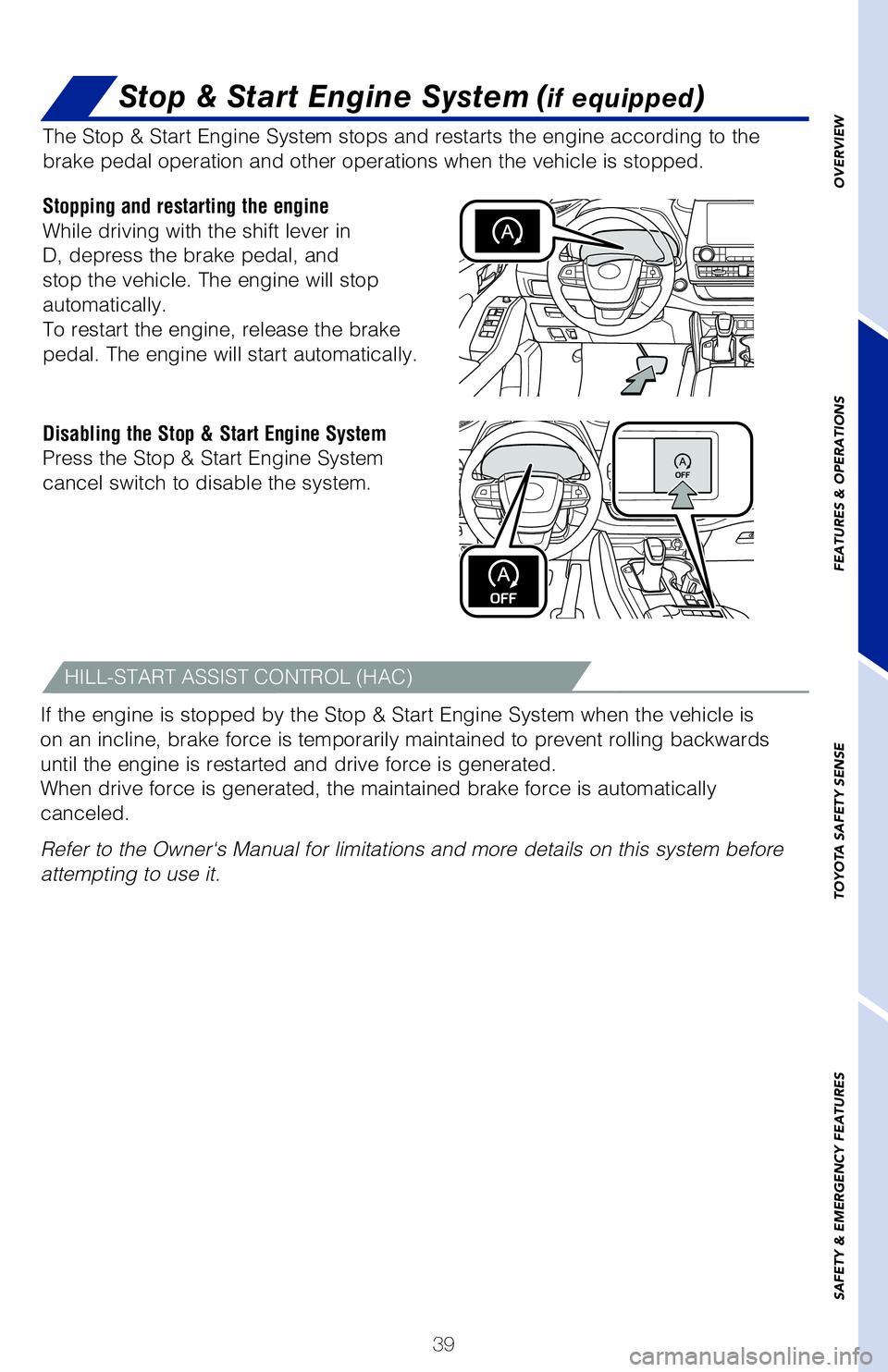 TOYOTA HIGHLANDER 2020   (in English) Service Manual 39
OVERVIEW
FEATURES & OPERATIONS
TOYOTA SAFETY SENSE
SAFETY & EMERGENCY FEATURES
The Stop & Start Engine System stops and restarts the engine according to the 
brake pedal operation and other operati