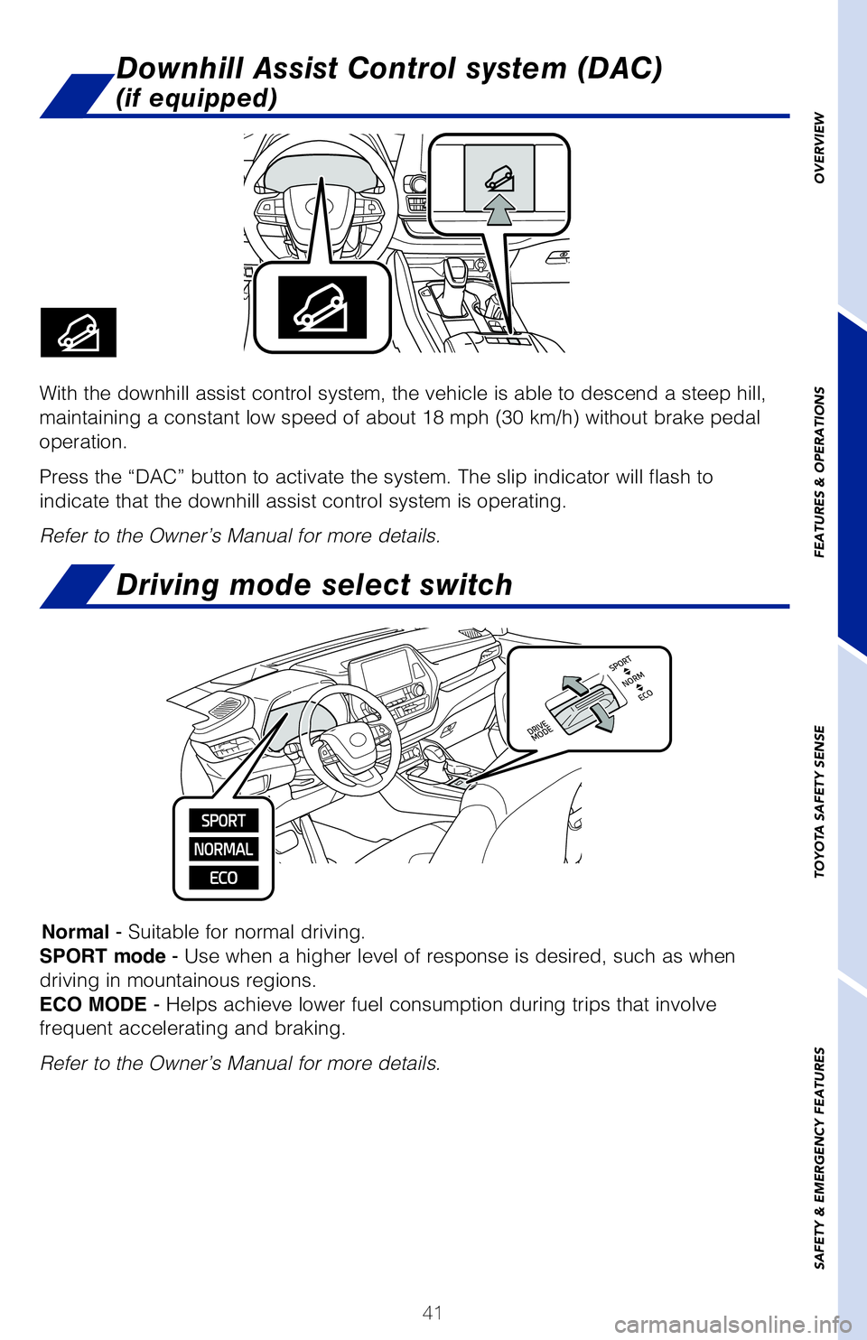 TOYOTA HIGHLANDER 2020   (in English) Service Manual 41
OVERVIEW
FEATURES & OPERATIONS
TOYOTA SAFETY SENSE
SAFETY & EMERGENCY FEATURES
Downhill Assist Control system (DAC) 
(if equipped)
With the downhill assist control system, the vehicle is able to de