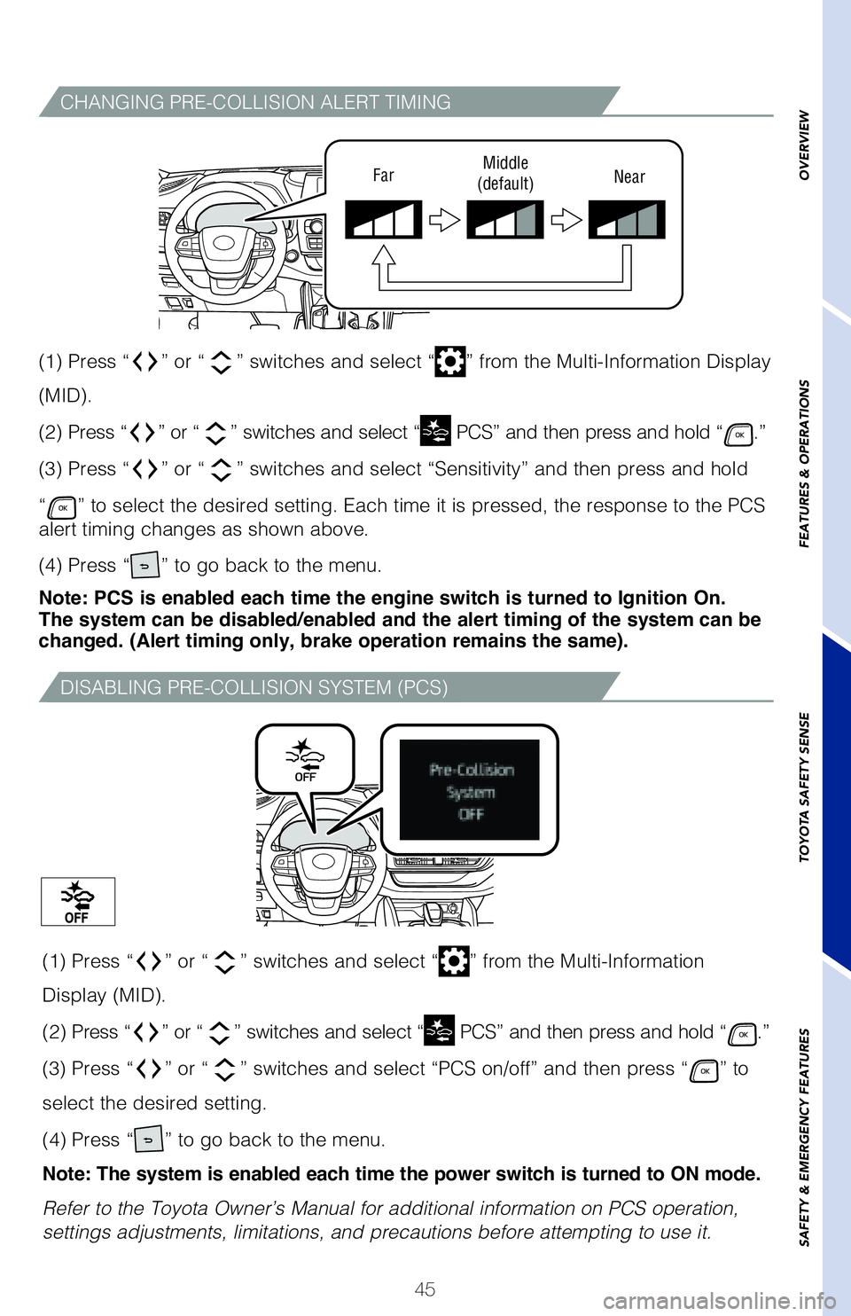TOYOTA HIGHLANDER 2020   (in English) Service Manual 45
CHANGING PRE-COLLISION ALERT TIMING
DISABLING PRE-COLLISION SYSTEM (PCS)
FarMiddle
(default) Near
(1) Press “” or “” switches and select “” from the Multi-Information Display 
(MID).  
