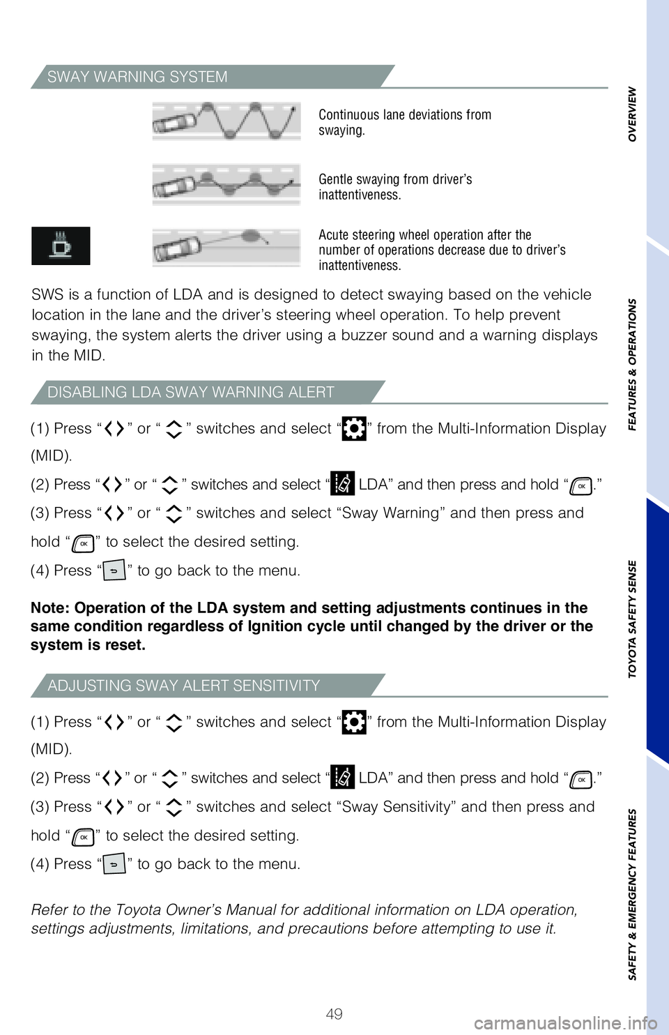 TOYOTA HIGHLANDER 2020 (in English) Workshop Manual 49
SWAY WARNING SYSTEM
ADJUSTING SWAY ALERT SENSITIVITY
DISABLING LDA SWAY WARNING ALERT
SWS is a function of LDA and is designed to detect swaying based on the vehicle
location in the lane and the d TOYOTA HIGHLANDER 2020 (in English) Workshop Manual 49
SWAY WARNING SYSTEM
ADJUSTING SWAY ALERT SENSITIVITY
DISABLING LDA SWAY WARNING ALERT
SWS is a function of LDA and is designed to detect swaying based on the vehicle
location in the lane and the d