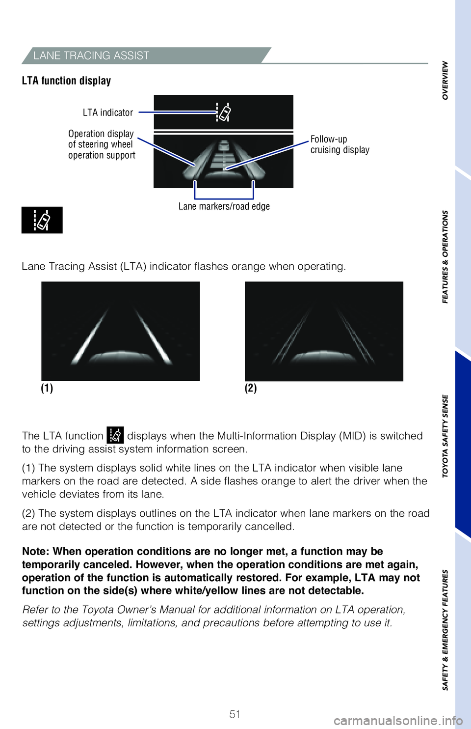 TOYOTA HIGHLANDER 2020 (in English) Workshop Manual 51
Operation display
of steering wheel
operation support LTA indicator
Lane markers/road edge
LANE TRACING ASSIST
The LTA function displays when the Multi-Information Display (MID) is switched
to TOYOTA HIGHLANDER 2020 (in English) Workshop Manual 51
Operation display
of steering wheel
operation support LTA indicator
Lane markers/road edge
LANE TRACING ASSIST
The LTA function displays when the Multi-Information Display (MID) is switched
to