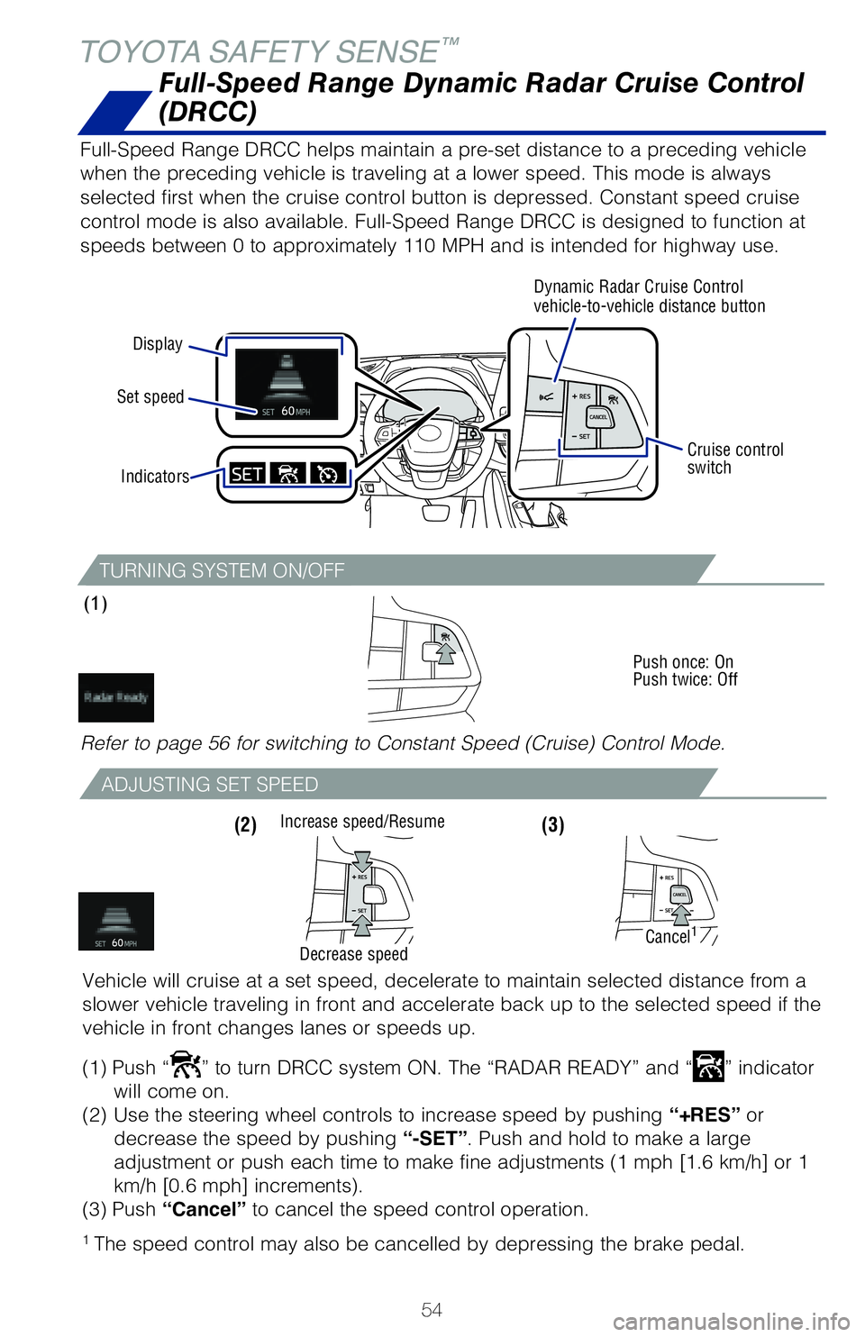 TOYOTA HIGHLANDER 2020 (in English) Workshop Manual 54
TOYOTA SAFETY SENSE™
TURNING SYSTEM ON/OFF
(1)
Push once: On
Push twice: Off
Full-Speed Range Dynamic Radar Cruise Control
(DRCC)
Full-Speed Range DRCC helps maintain a pre-set distance to a pr TOYOTA HIGHLANDER 2020 (in English) Workshop Manual 54
TOYOTA SAFETY SENSE™
TURNING SYSTEM ON/OFF
(1)
Push once: On
Push twice: Off
Full-Speed Range Dynamic Radar Cruise Control
(DRCC)
Full-Speed Range DRCC helps maintain a pre-set distance to a pr