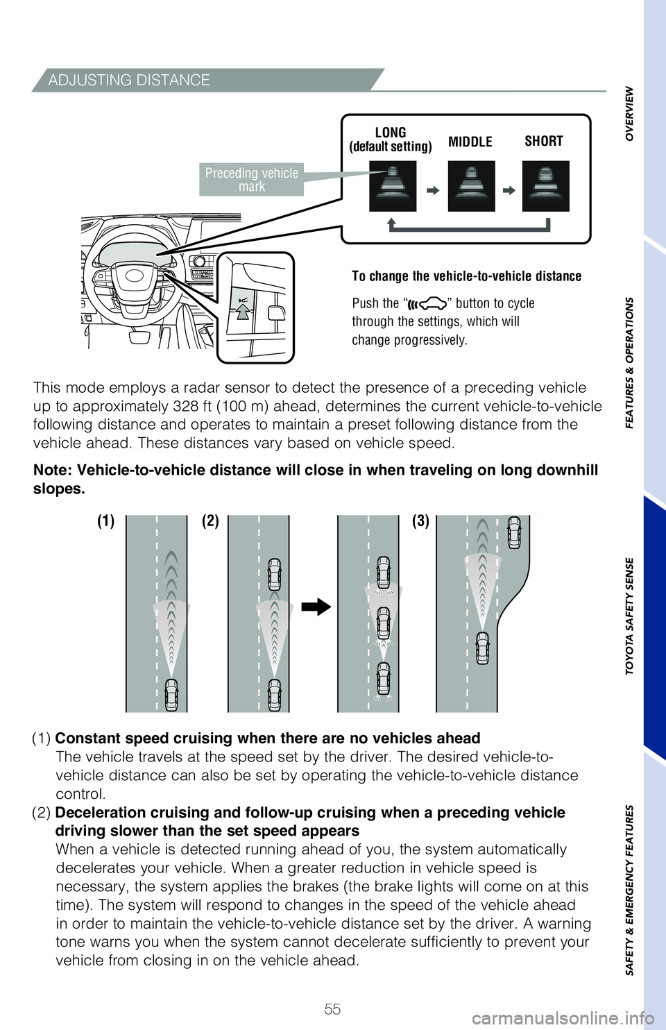 TOYOTA HIGHLANDER 2020 (in English) Workshop Manual 55
ADJUSTING DISTANCE
To change the vehicle-to-vehicle distance
Push the “
” button to cycle
through the settings, which will
change progressively.
This mode employs a radar sensor to detect th TOYOTA HIGHLANDER 2020 (in English) Workshop Manual 55
ADJUSTING DISTANCE
To change the vehicle-to-vehicle distance
Push the “
” button to cycle
through the settings, which will
change progressively.
This mode employs a radar sensor to detect th