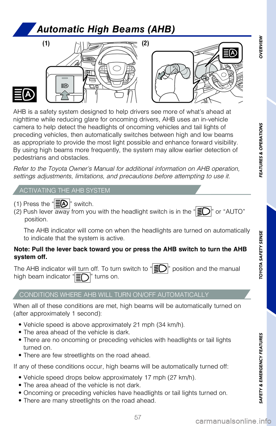 TOYOTA HIGHLANDER 2020 (in English) Workshop Manual 57
Automatic High Beams (AHB)
ACTIVATING THE AHB SYSTEM
CONDITIONS WHERE AHB WILL TURN ON/OFF AUTOMATICALLY
When all of these conditions are met, high beams will be automatically turned on
(after app TOYOTA HIGHLANDER 2020 (in English) Workshop Manual 57
Automatic High Beams (AHB)
ACTIVATING THE AHB SYSTEM
CONDITIONS WHERE AHB WILL TURN ON/OFF AUTOMATICALLY
When all of these conditions are met, high beams will be automatically turned on
(after app