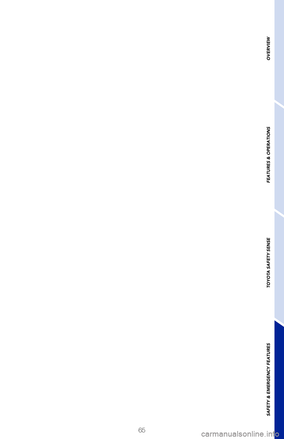 TOYOTA HIGHLANDER 2020 (in English) Repair Manual 65
OVERVIEW
FEATURES & OPERATIONS
TOYOTA SAFETY SENSE
SAFETY & EMERGENCY FEATURES
63195a_MY20 Highlander.indd 6511/18/19 8:13 AM TOYOTA HIGHLANDER 2020 (in English) Repair Manual 65
OVERVIEW
FEATURES & OPERATIONS
TOYOTA SAFETY SENSE
SAFETY & EMERGENCY FEATURES
63195a_MY20 Highlander.indd 6511/18/19 8:13 AM