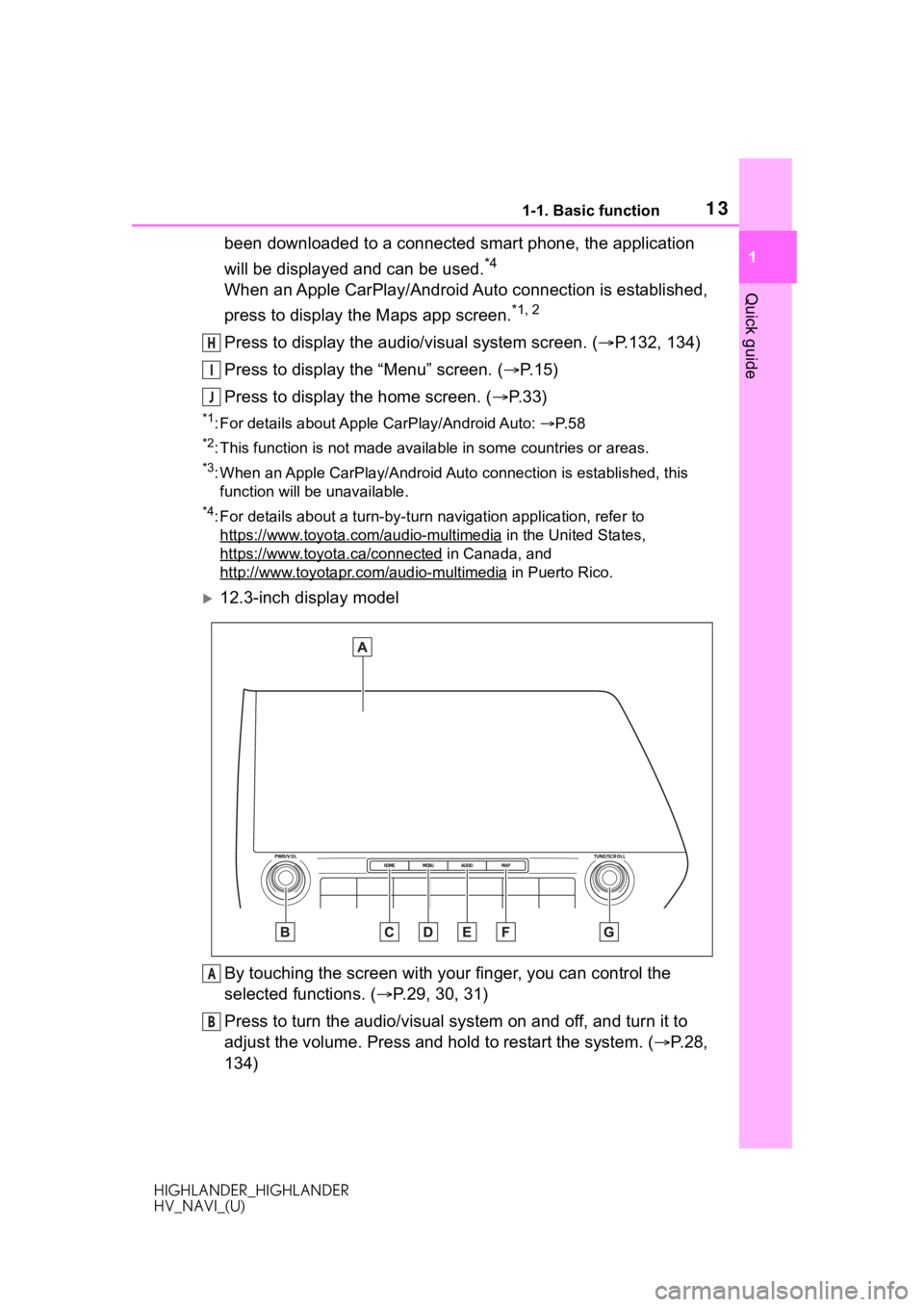 TOYOTA HIGHLANDER 2020 Accessories, Audio & Navigation (in English) 131-1. Basic function
HIGHLANDER_HIGHLANDER
HV_NAVI_(U)
1
Quick guide
been downloaded to a connected smart phone, the application
will be displayed and can be used.
*4
When an Apple CarPlay/Android A TOYOTA HIGHLANDER 2020 Accessories, Audio & Navigation (in English) 131-1. Basic function
HIGHLANDER_HIGHLANDER
HV_NAVI_(U)
1
Quick guide
been downloaded to a connected smart phone, the application
will be displayed and can be used.
*4
When an Apple CarPlay/Android A