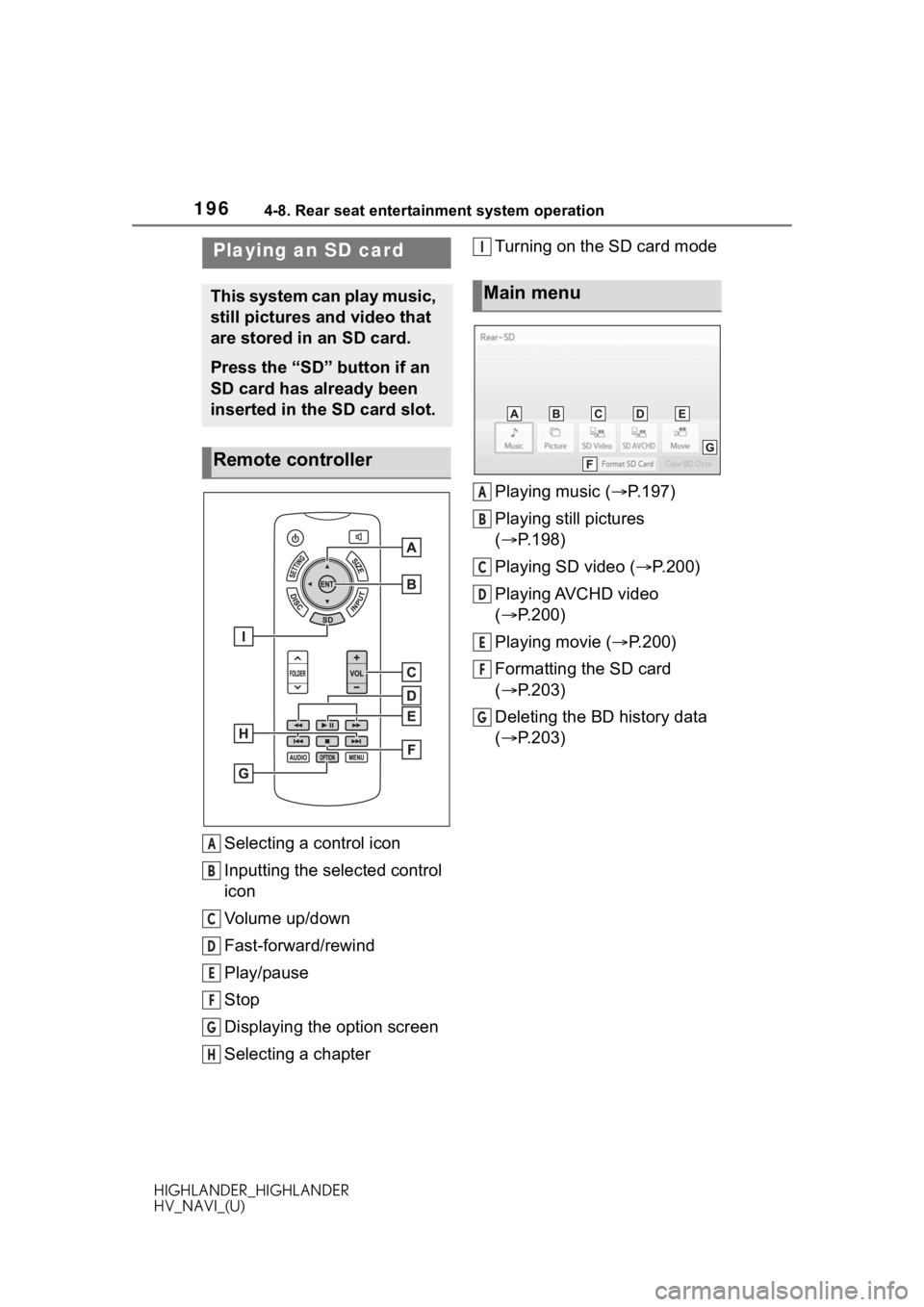 TOYOTA HIGHLANDER 2020 Accessories, Audio & Navigation (in English) 1964-8. Rear seat entertainment system operation
HIGHLANDER_HIGHLANDER
HV_NAVI_(U)
Selecting a control icon
Inputting the selected control
icon
Volume up/down
Fast-forward/rewind
Play/pause
Stop
Disp TOYOTA HIGHLANDER 2020 Accessories, Audio & Navigation (in English) 1964-8. Rear seat entertainment system operation
HIGHLANDER_HIGHLANDER
HV_NAVI_(U)
Selecting a control icon
Inputting the selected control
icon
Volume up/down
Fast-forward/rewind
Play/pause
Stop
Disp