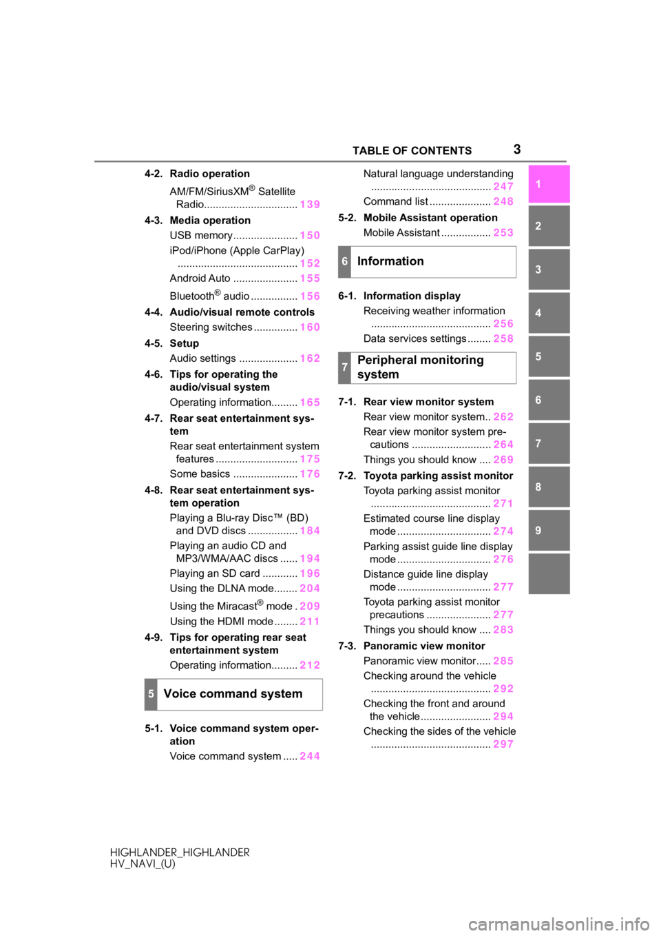 TOYOTA HIGHLANDER 2020  Accessories, Audio & Navigation (in English) 3TABLE OF CONTENTS
HIGHLANDER_HIGHLANDER
HV_NAVI_(U)
1
2
3
4
5
6
7
8
9
4-2. Radio operation AM/FM/SiriusXM
® Satellite 
Radio................................ 139
4-3. Media operation USB memory .....