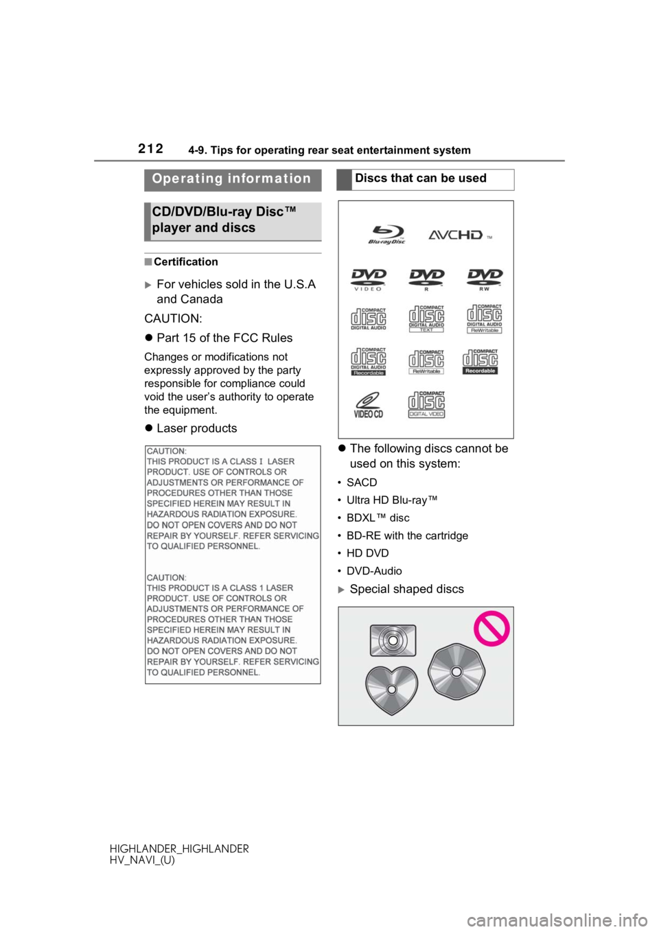TOYOTA HIGHLANDER 2020 Accessories, Audio & Navigation (in English) 2124-9. Tips for operating rear seat entertainment system
HIGHLANDER_HIGHLANDER
HV_NAVI_(U)
4-9.Tips for operating rear seat entertainment system
■Certification
For vehicles sold in the U.S.A
an TOYOTA HIGHLANDER 2020 Accessories, Audio & Navigation (in English) 2124-9. Tips for operating rear seat entertainment system
HIGHLANDER_HIGHLANDER
HV_NAVI_(U)
4-9.Tips for operating rear seat entertainment system
■Certification
For vehicles sold in the U.S.A
an