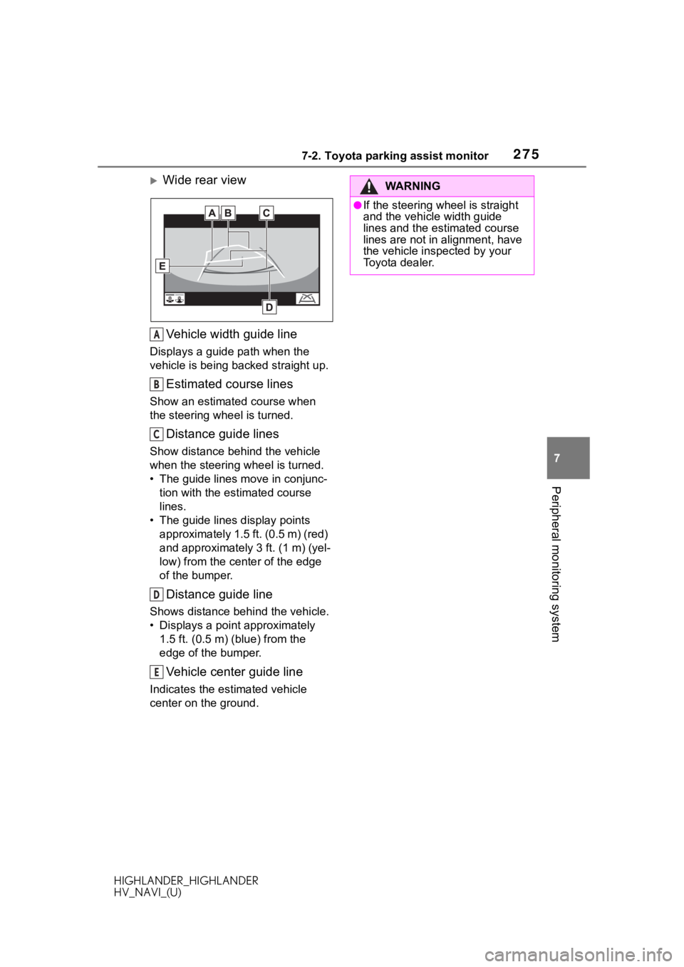 TOYOTA HIGHLANDER 2020 Accessories, Audio & Navigation (in English) 2757-2. Toyota parking assist monitor
HIGHLANDER_HIGHLANDER
HV_NAVI_(U)
7
Peripheral monitoring system
Wide rear view Vehicle width guide line
Displays a guide path when the
vehicle is being b ac TOYOTA HIGHLANDER 2020 Accessories, Audio & Navigation (in English) 2757-2. Toyota parking assist monitor
HIGHLANDER_HIGHLANDER
HV_NAVI_(U)
7
Peripheral monitoring system
Wide rear view Vehicle width guide line
Displays a guide path when the
vehicle is being b ac