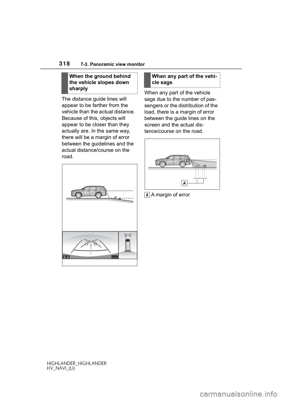 TOYOTA HIGHLANDER 2020 Accessories, Audio & Navigation (in English) 3187-3. Panoramic view monitor
HIGHLANDER_HIGHLANDER
HV_NAVI_(U)
The distance guide lines will
appear to be farther from the
vehicle than the actual distance.
Because of this, objects will
appear TOYOTA HIGHLANDER 2020 Accessories, Audio & Navigation (in English) 3187-3. Panoramic view monitor
HIGHLANDER_HIGHLANDER
HV_NAVI_(U)
The distance guide lines will
appear to be farther from the
vehicle than the actual distance.
Because of this, objects will
appear