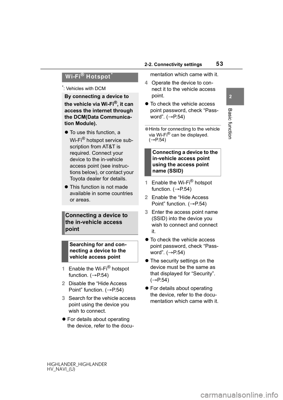 TOYOTA HIGHLANDER 2020 Accessories, Audio & Navigation (in English) 532-2. Connectivity settings
HIGHLANDER_HIGHLANDER
HV_NAVI_(U)
2
Basic function
*: Vehicles with DCM
1 Enable the Wi-Fi® hotspot
function. ( P. 5 4 )
2 Disable the “Hide Access
Point” functi TOYOTA HIGHLANDER 2020 Accessories, Audio & Navigation (in English) 532-2. Connectivity settings
HIGHLANDER_HIGHLANDER
HV_NAVI_(U)
2
Basic function
*: Vehicles with DCM
1 Enable the Wi-Fi® hotspot
function. ( P. 5 4 )
2 Disable the “Hide Access
Point” functi